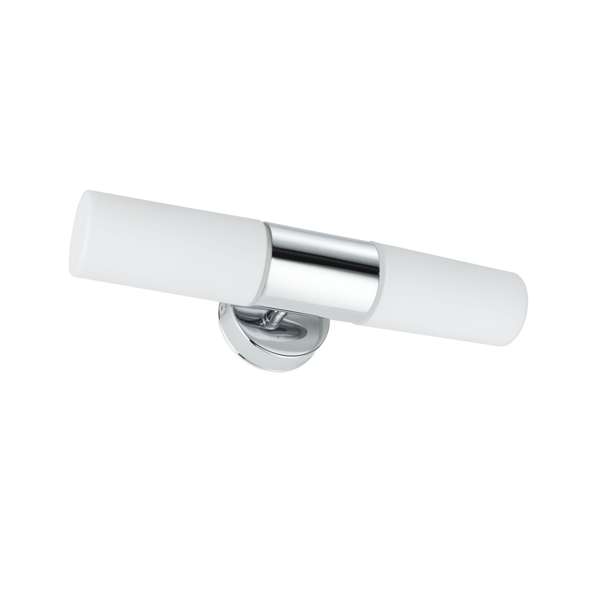 Due lampade a tubo bianche con accenti cromati su sfondo bianco.
