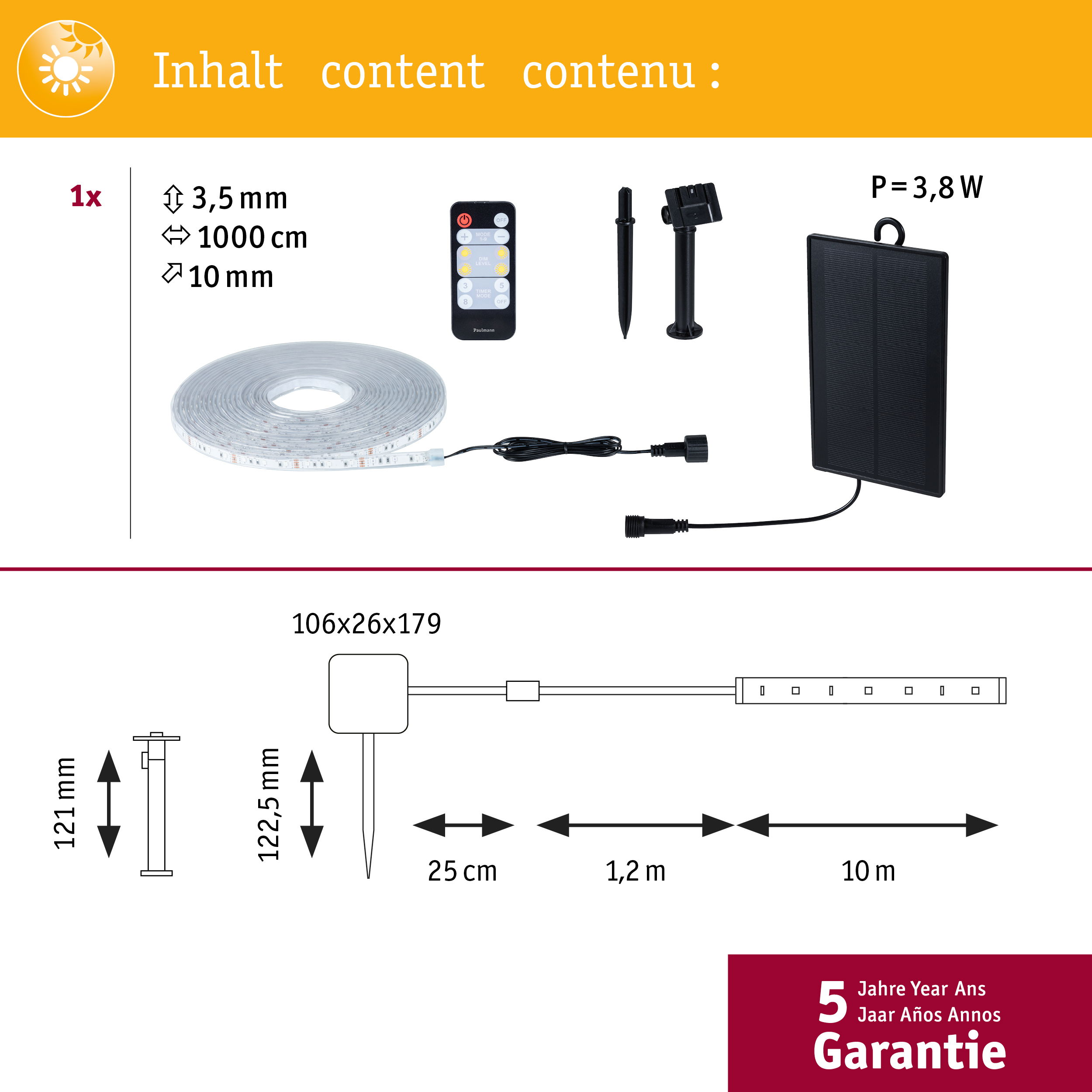Solar-LED-Streifen mit Fernbedienung, Solarpanel und Erdspieß.