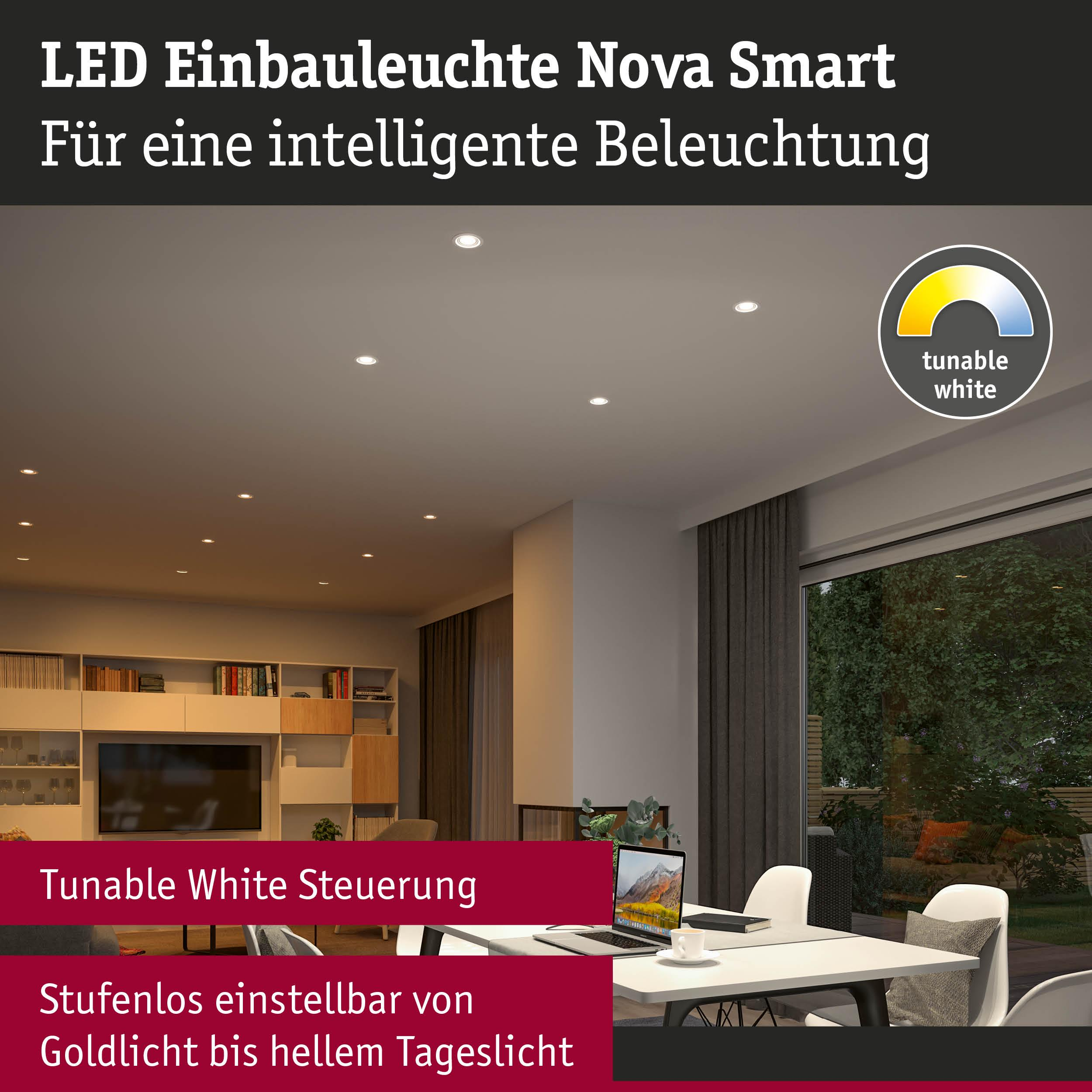LED Einbauleuchten in einem modernen Wohnraum mit Tunable White Steuerung.