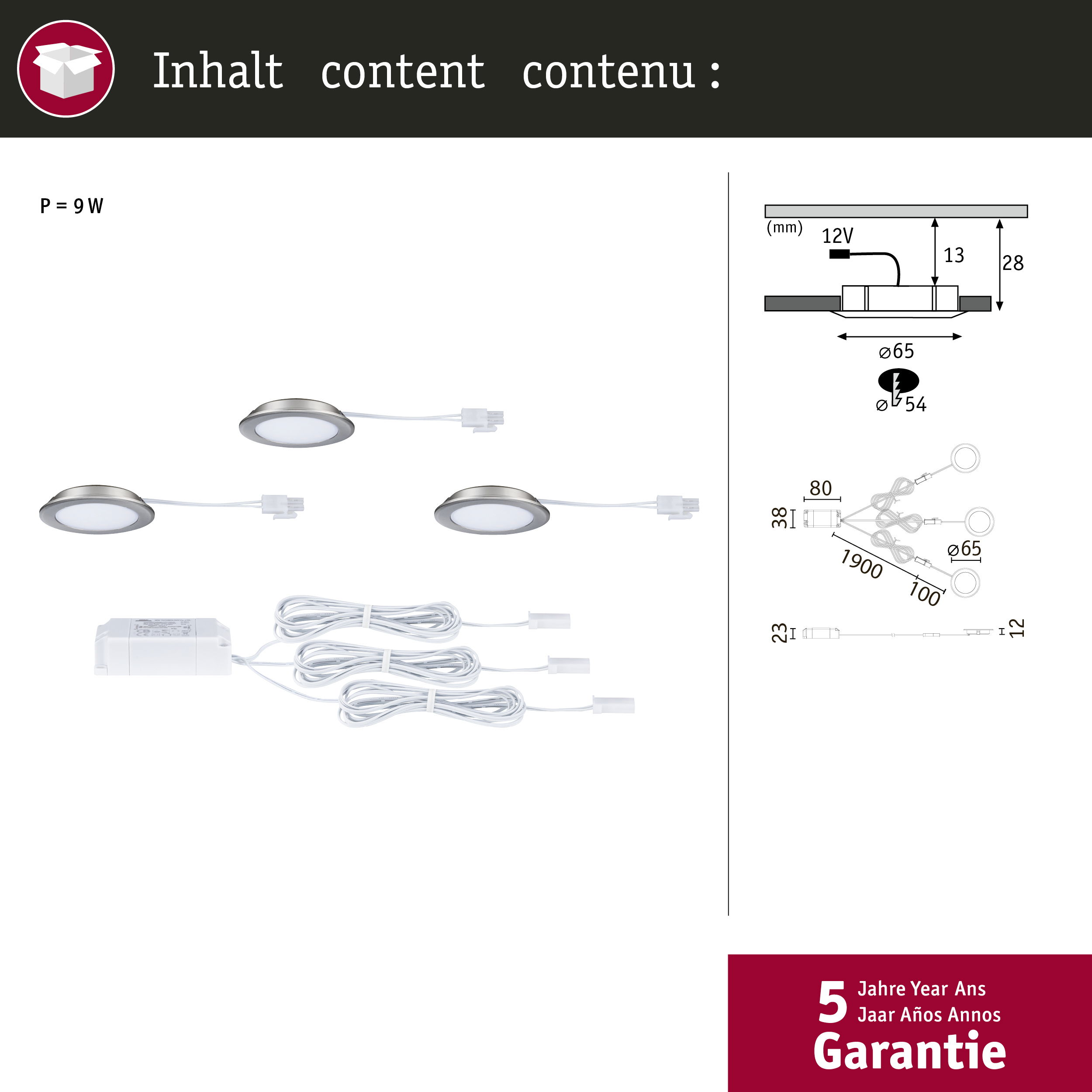 Zestaw 3 okrągłych lamp LED, zasilacza i kabli. Obok rysunek techniczny.