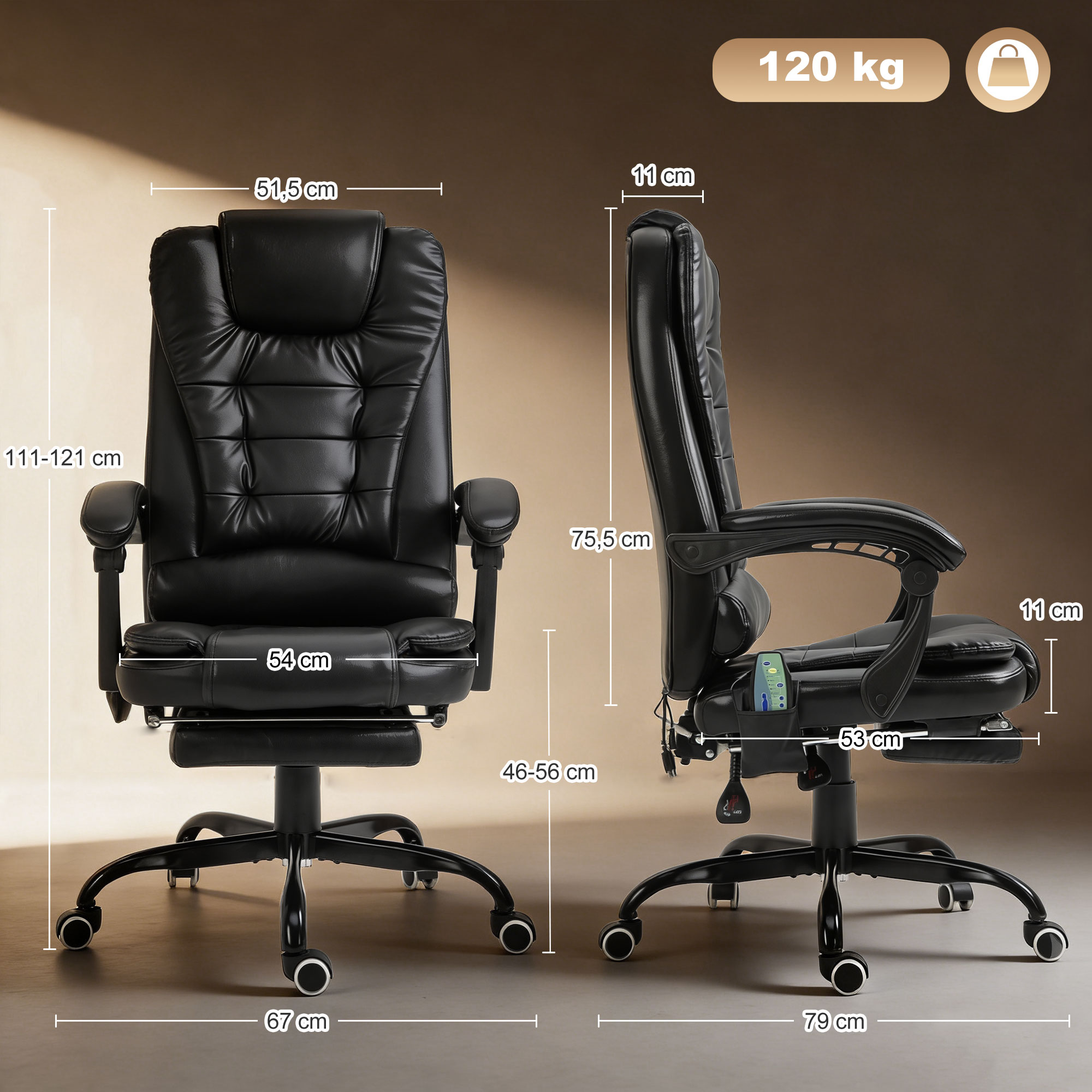 Silla de oficina negra con reposapiés, se muestran las dimensiones.