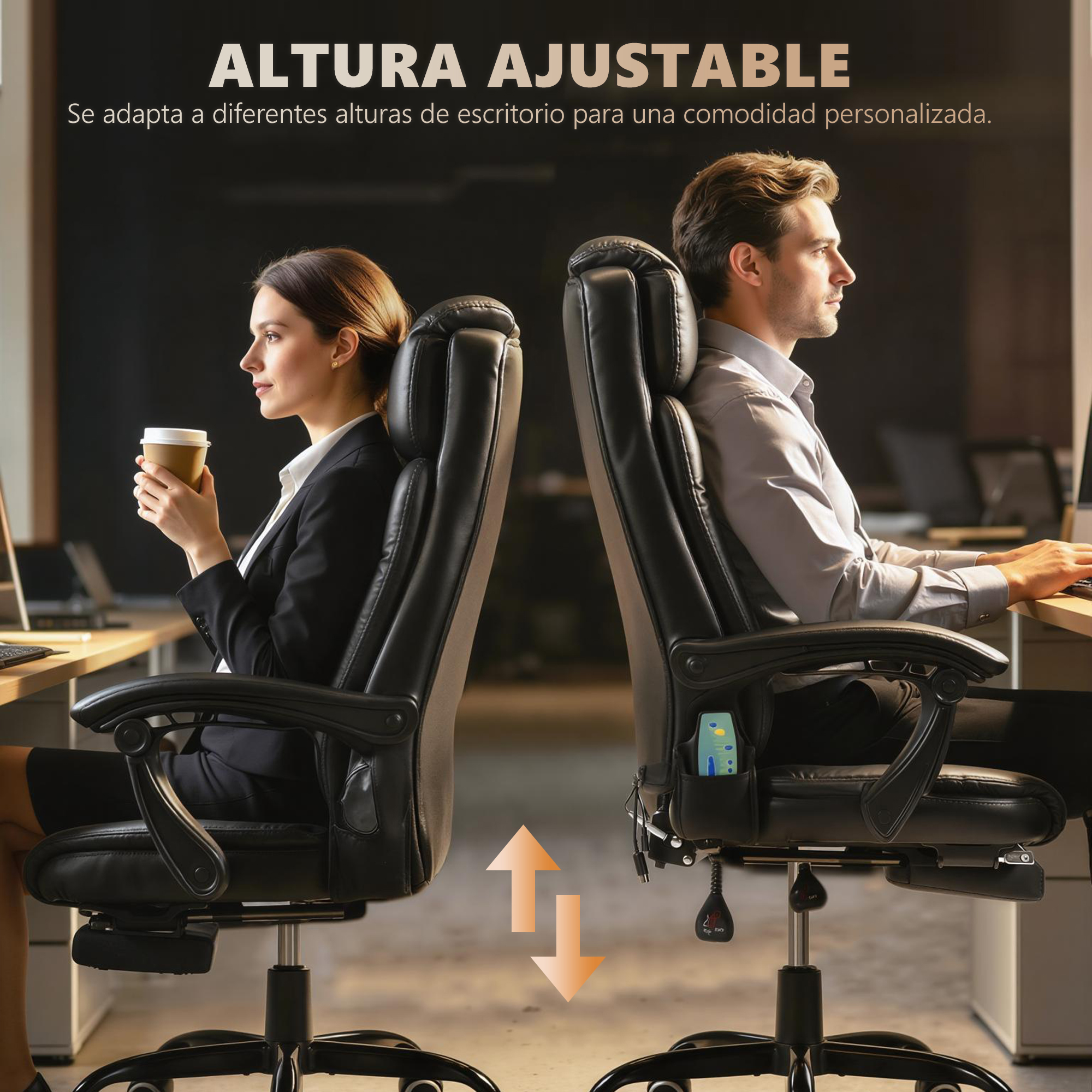 Hombre y mujer sentados en sillas de oficina negras. Altura ajustable.