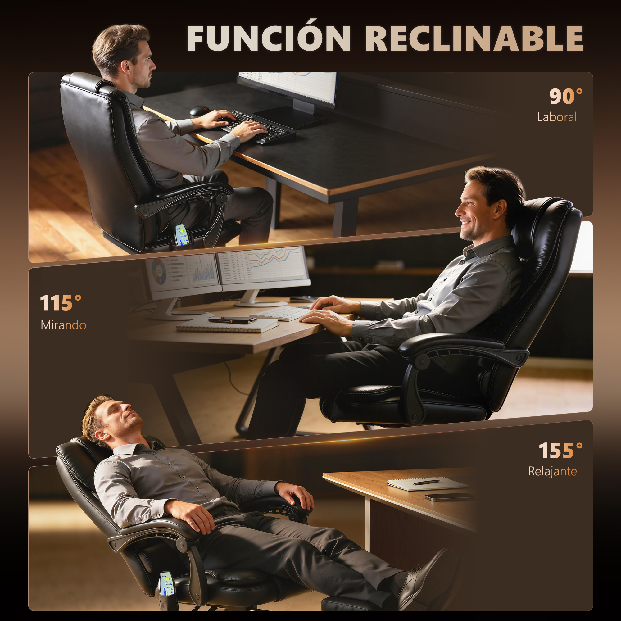 Un hombre en silla de oficina negra en tres posiciones: trabajando, reclinado y relajado.