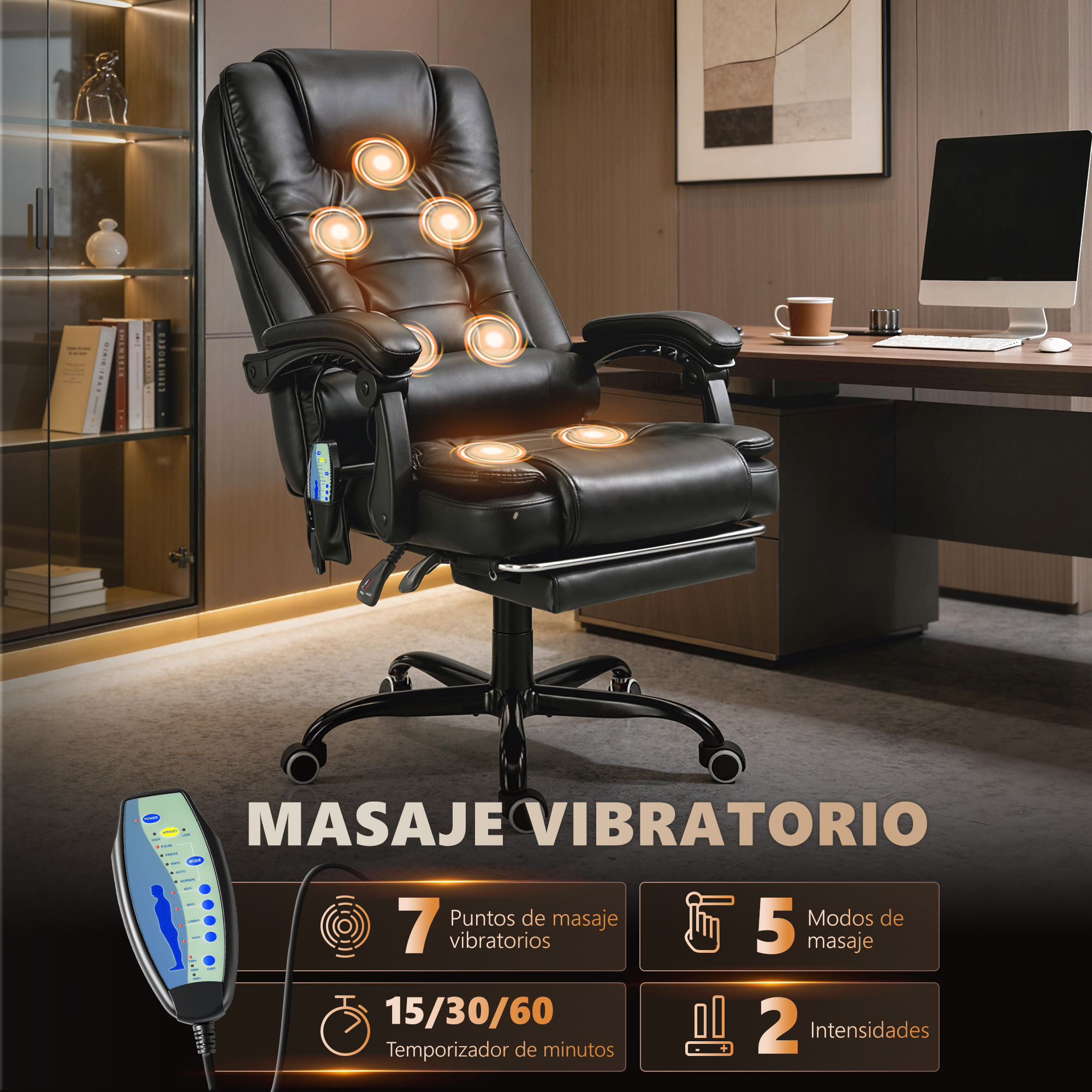 Silla de masaje negra con puntos de vibración, mando, escritorio y ordenador.