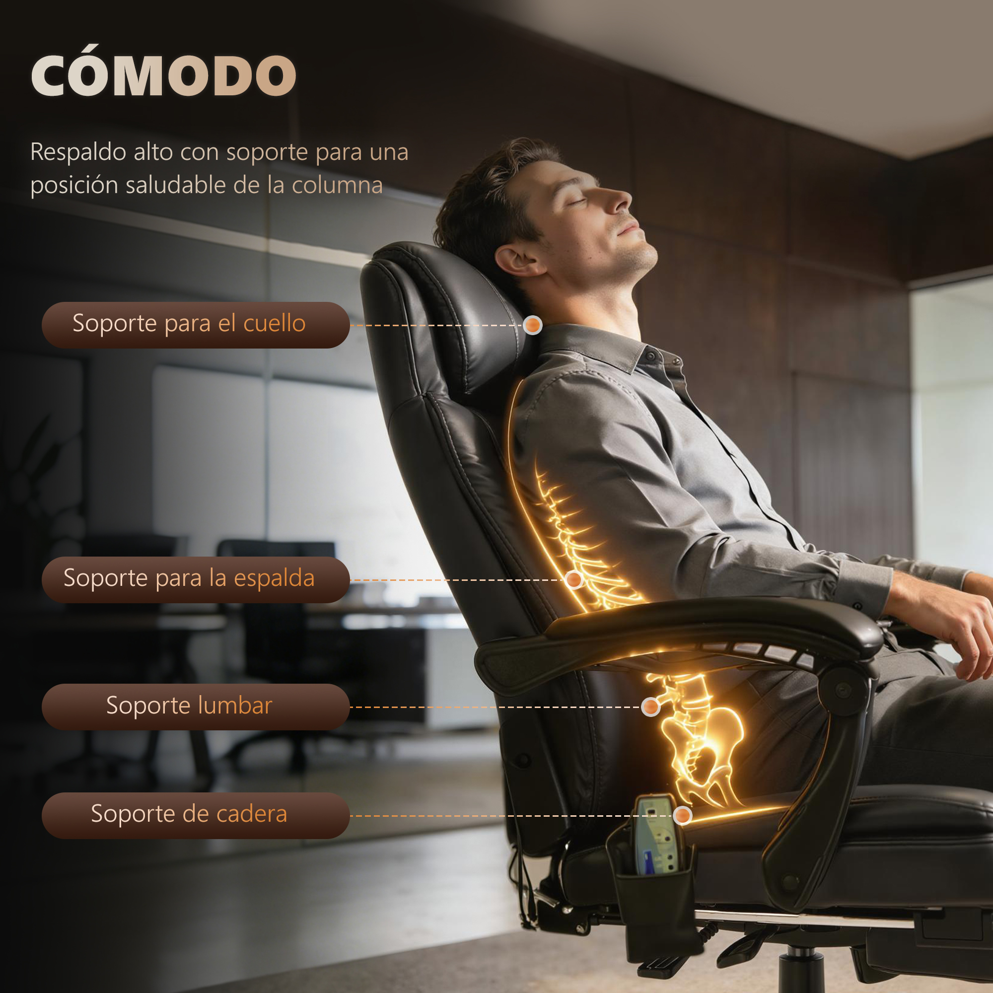 Hombre en silla de oficina negra con gráfico de columna. Soporta cuello, espalda, lomo, cadera.
