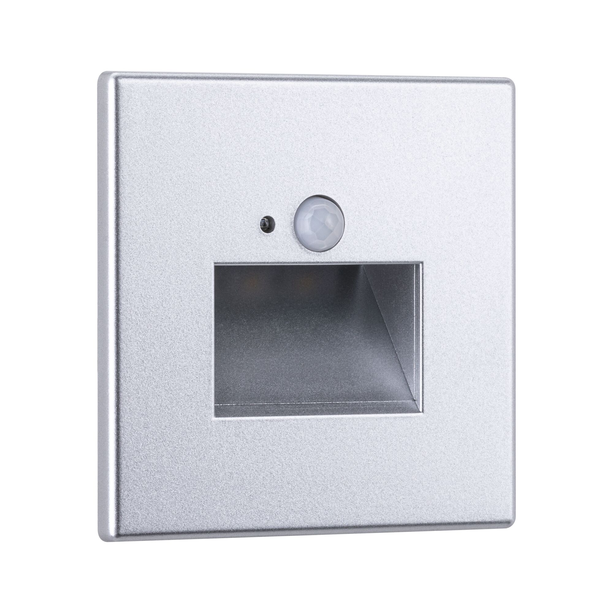 Silberne Wandleuchte mit Bewegungsmelder und kleiner LED.