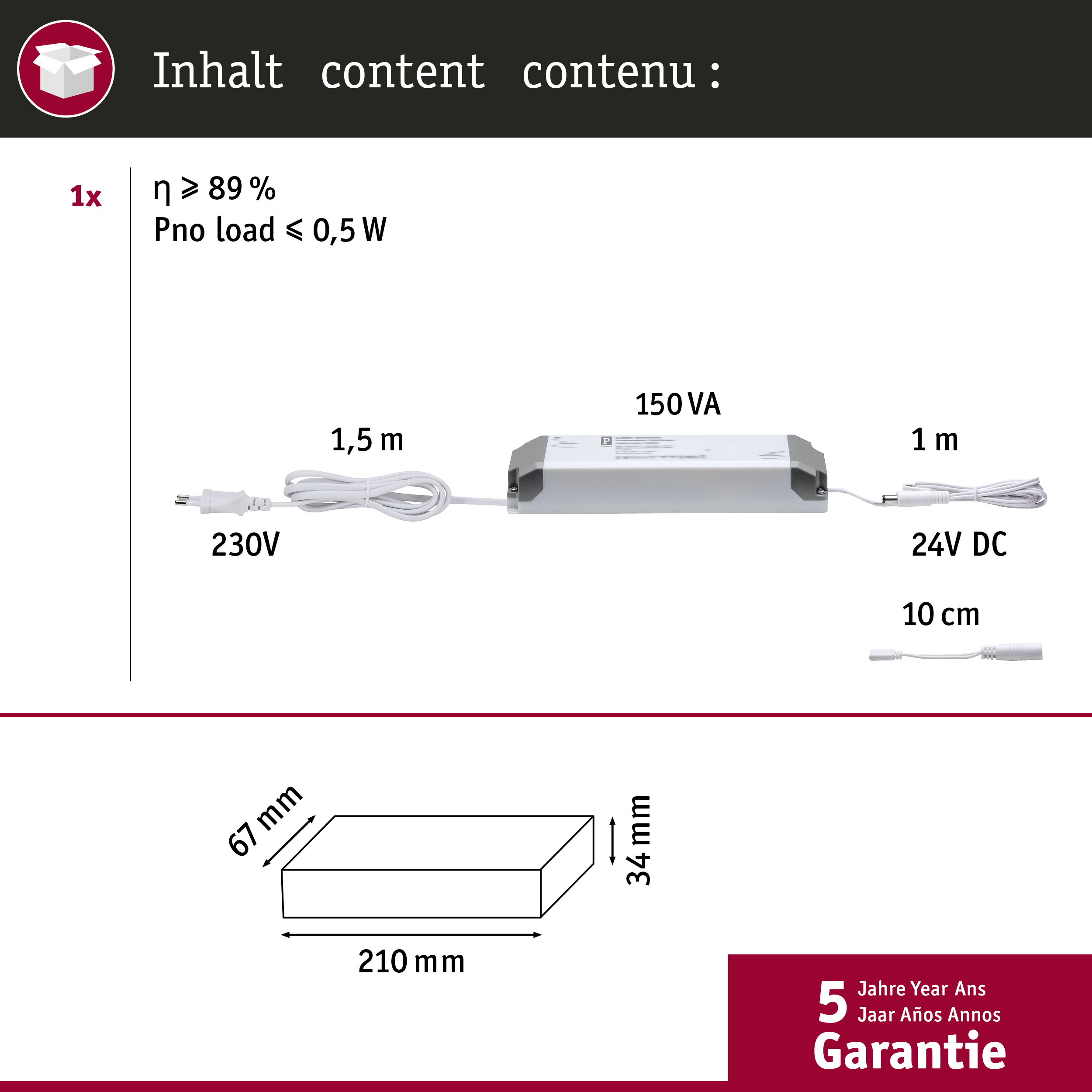 Zasilacz z wejściem 230V, 150VA, wyjściem 24V DC, kablem 1m.