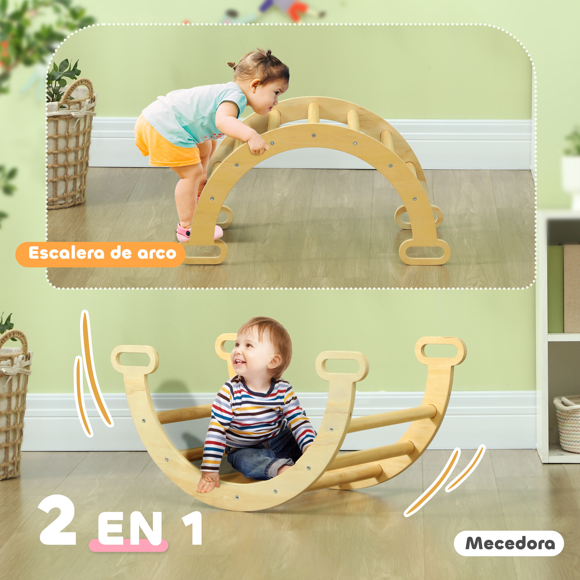 Un bebé juega en un balancín de madera que también es una escalera de arco.
