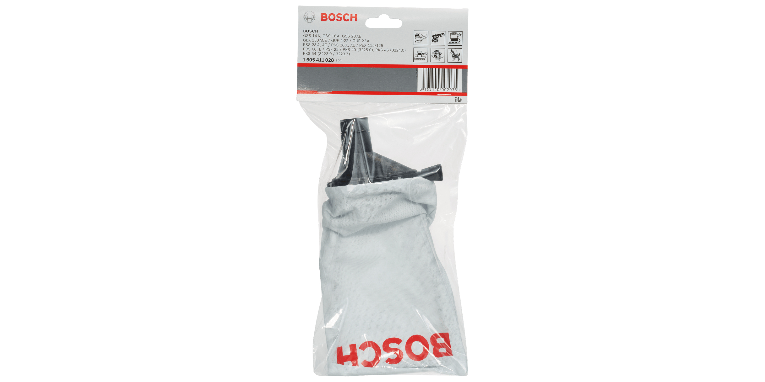 Sacco raccoglipolvere Bosch bianco con connettore nero, imballato.