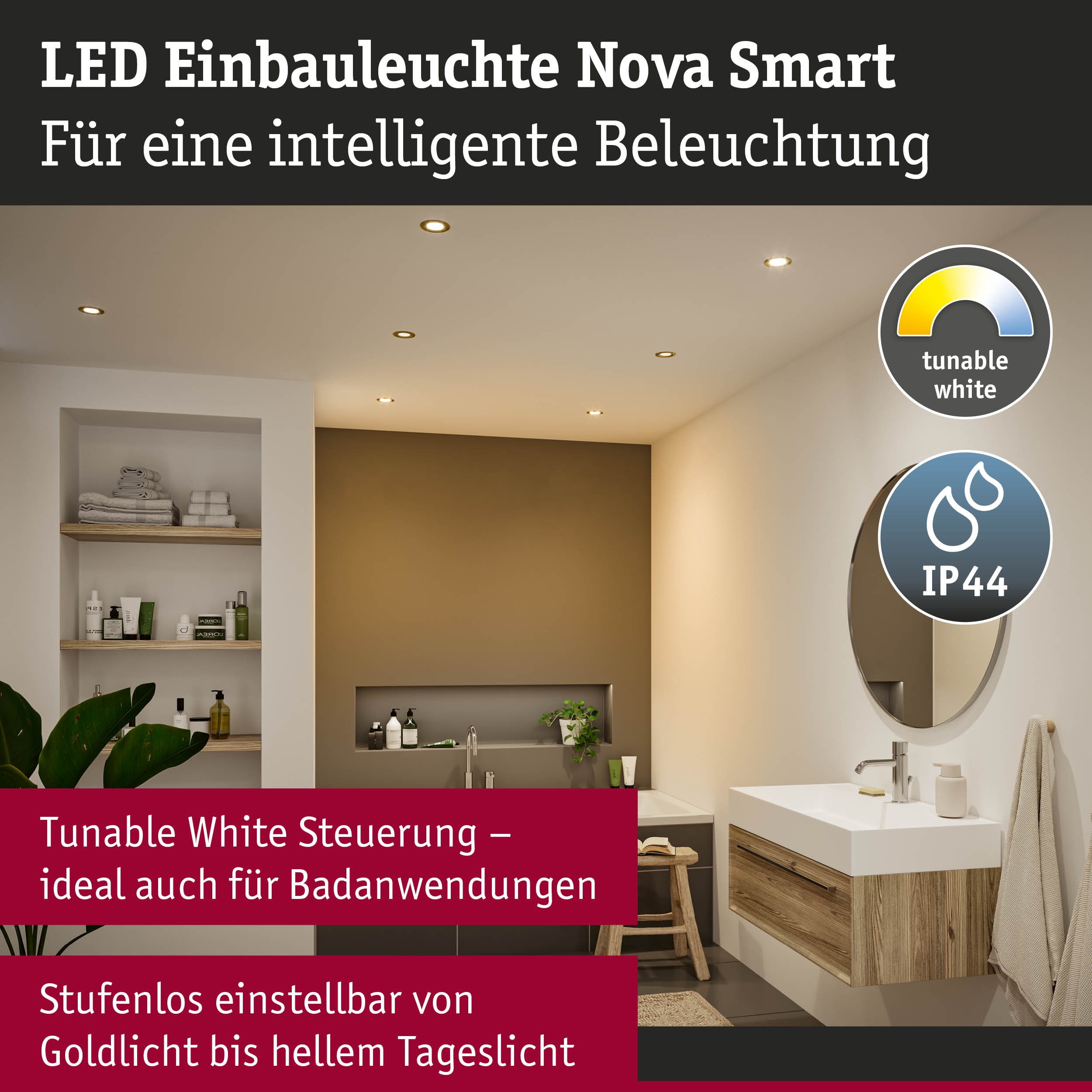 Badezimmer mit LED-Einbaustrahlern, Waschbecken und Spiegel.
