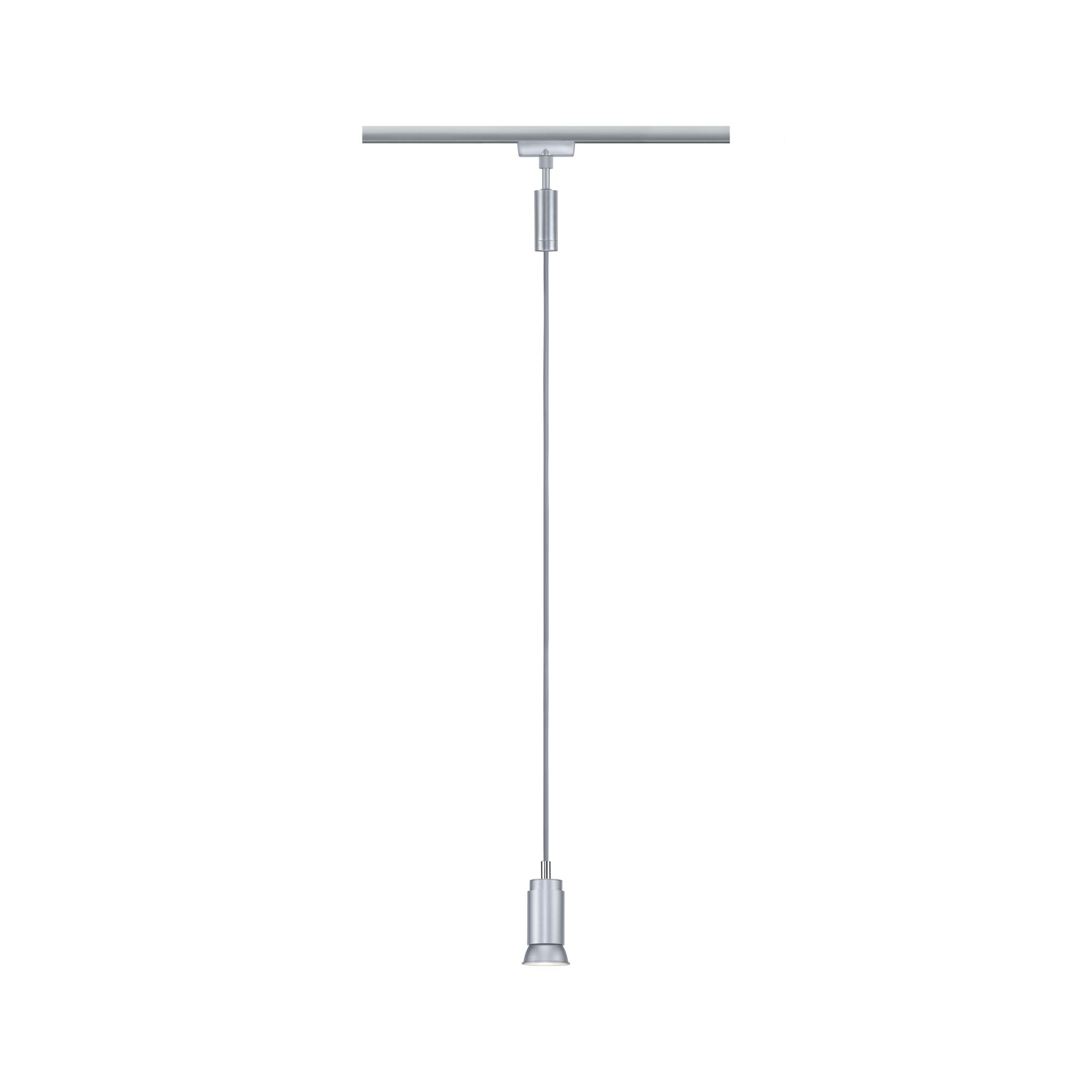 Silberne Pendelleuchte mit einem schmalen Lampenschirm und einem Kabel.