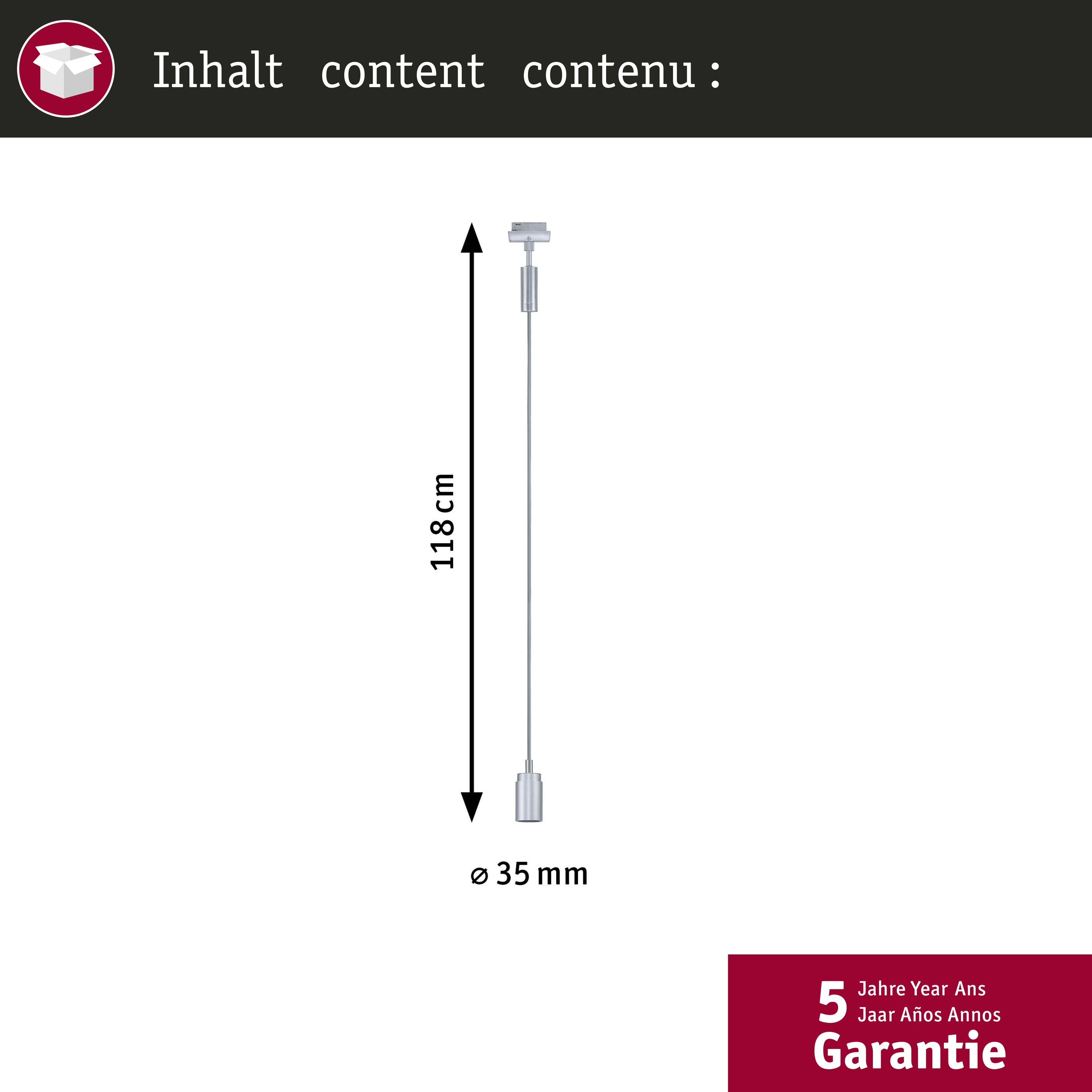 Ein silbernes Kabel mit Befestigungen, 118 cm lang, 35 mm Durchmesser.
