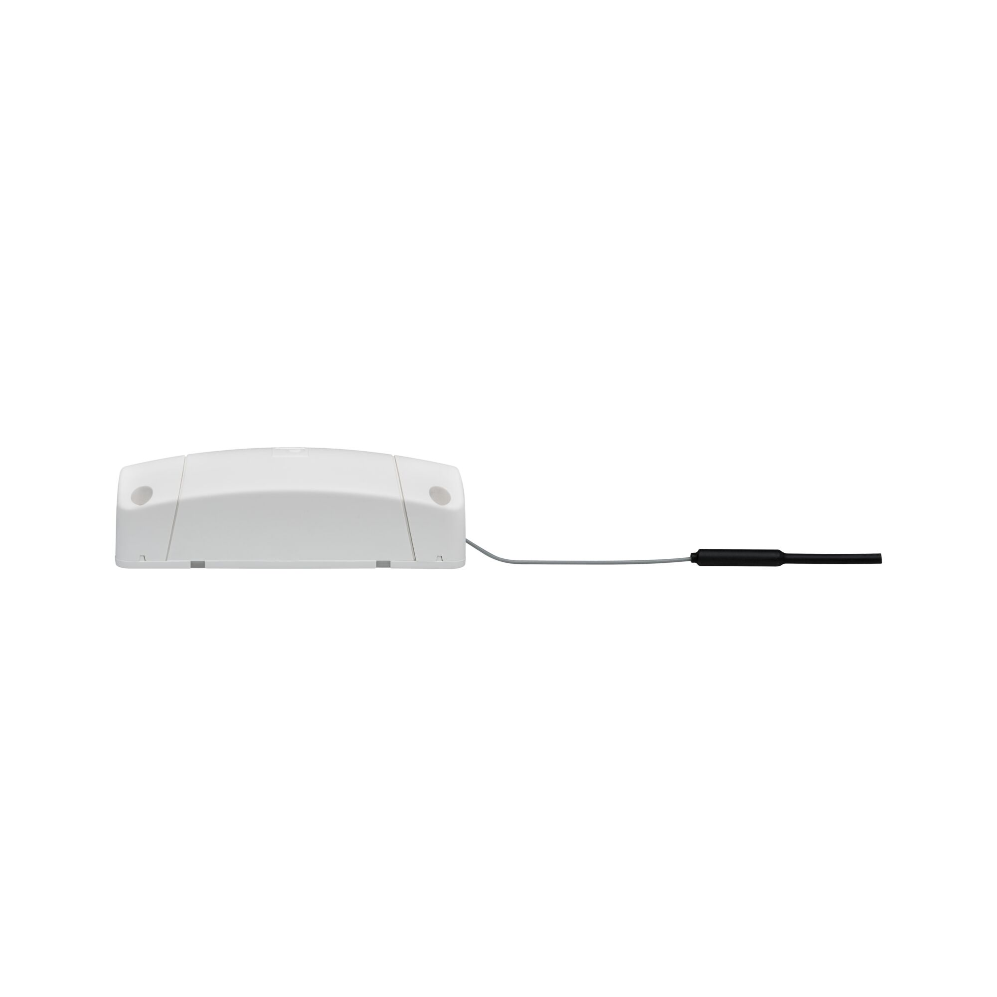 Ein weißes Gehäuse mit einem grauen Kabel und einem schwarzen Ende.