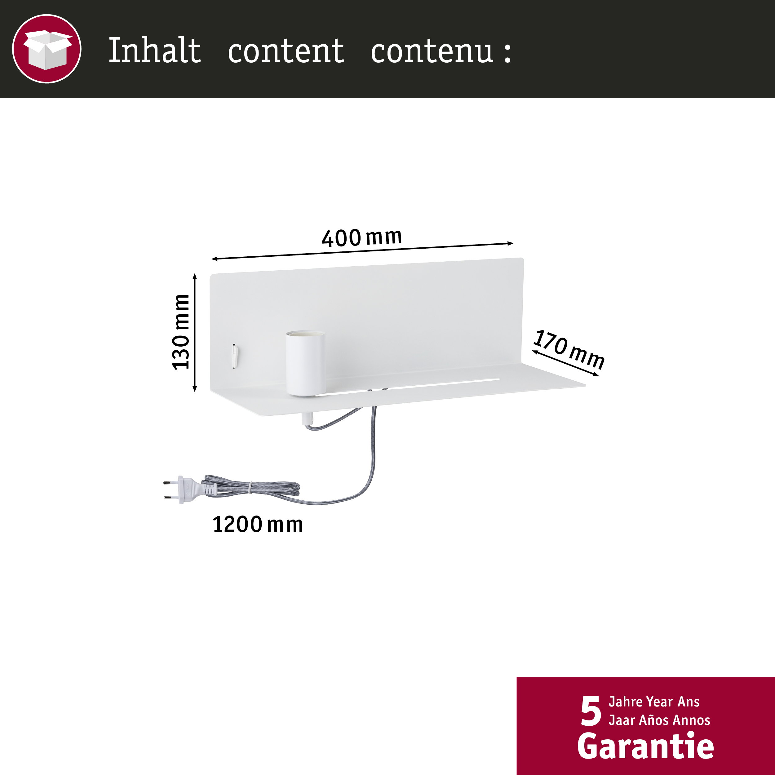 Biała półka ścienna z kablem i wtyczką, wymiary 400x130x170mm.