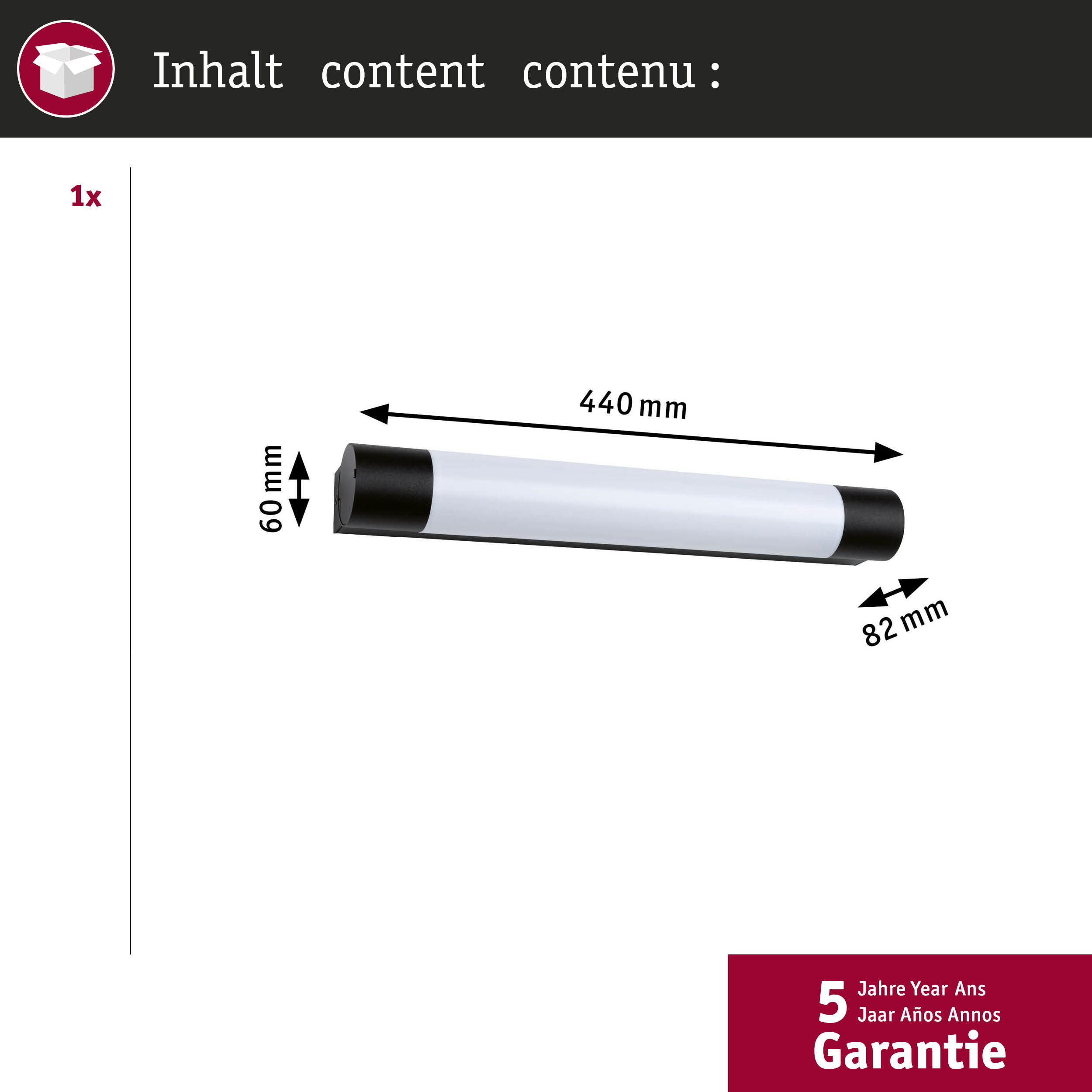 Lampa o długości 440 mm i szerokości 60 mm z czarnymi zaślepkami.