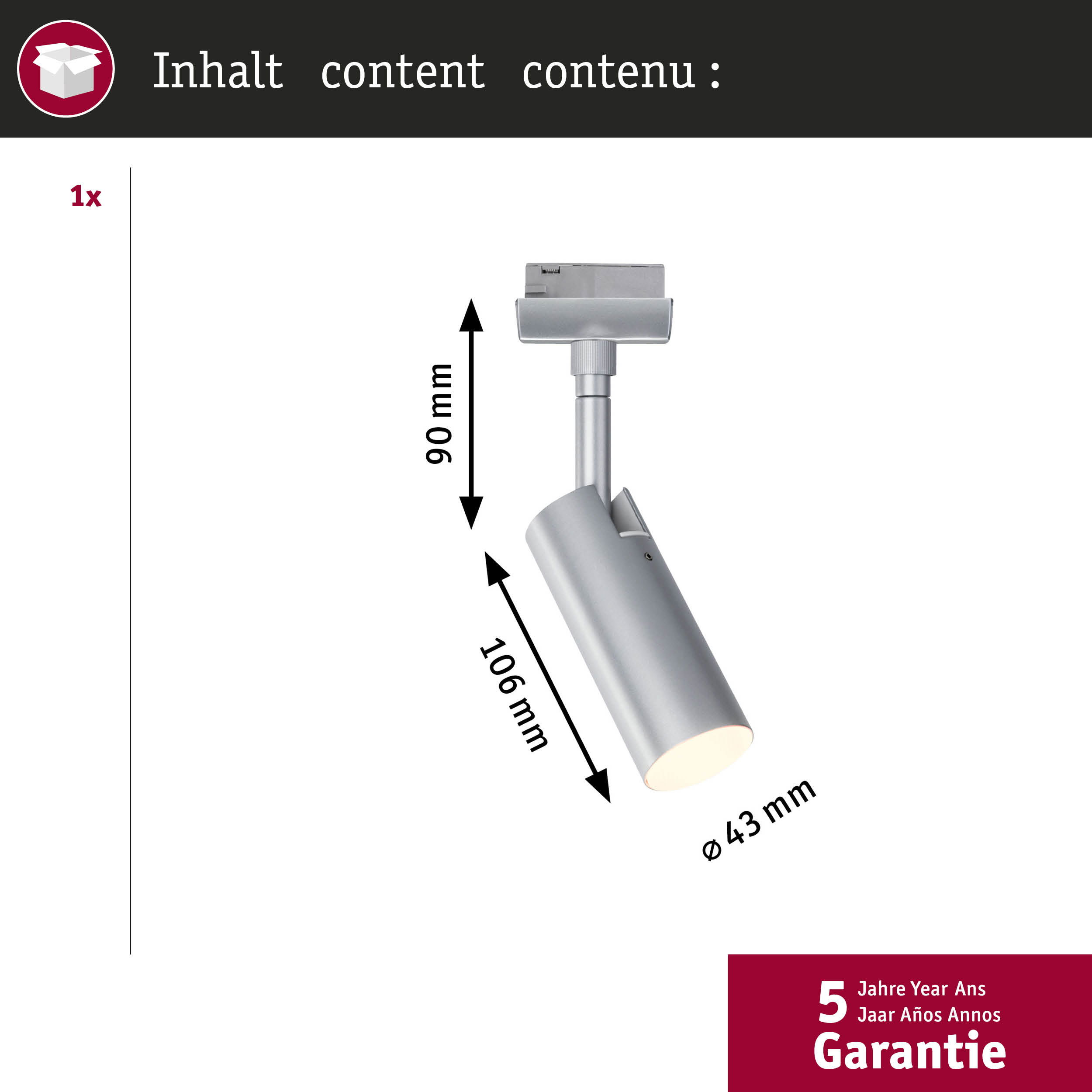 Silberfarbene Lampe mit Maßen 90 und 106 mm, Durchmesser 43 mm.