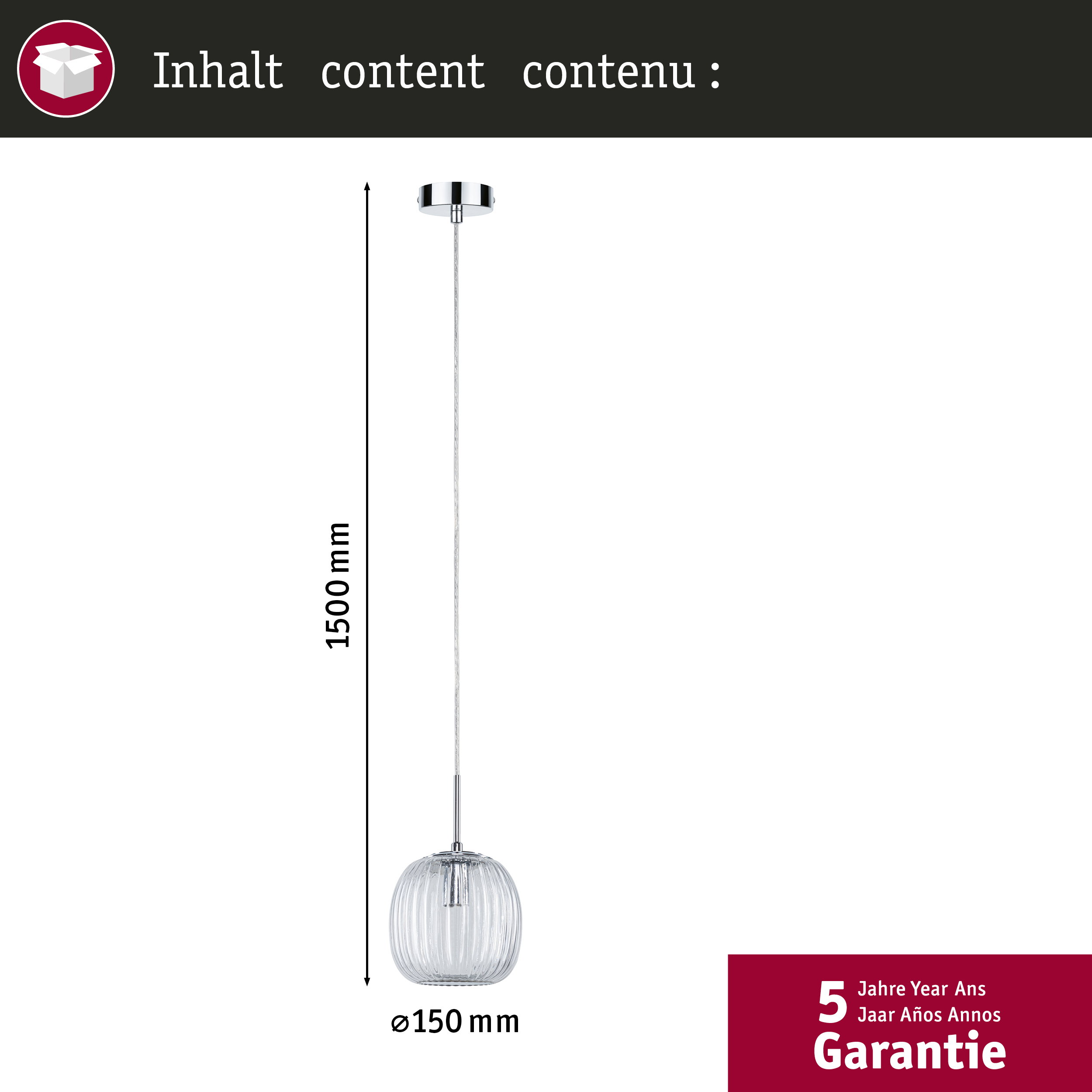 Hängeleuchte mit Glasschirm, 1500 mm lang, 150 mm Durchmesser.