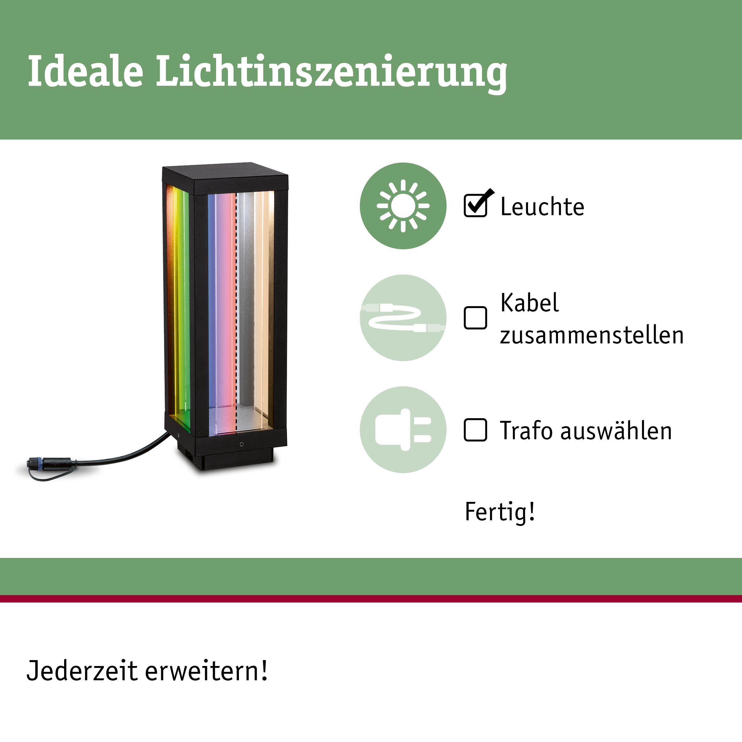Moderne, farbige Stehleuchte mit Kabel und Icons für Leuchte, Kabel, Trafo.