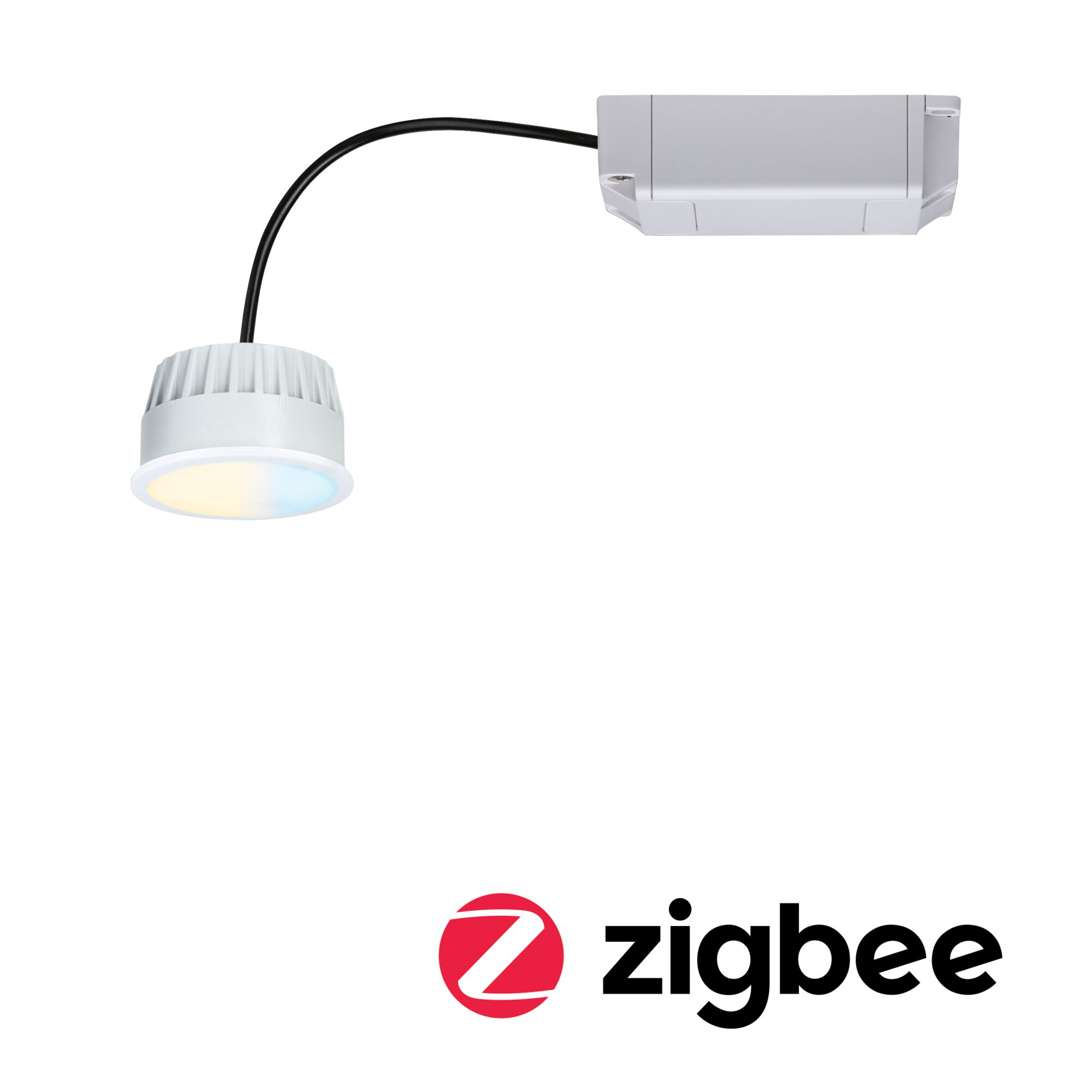 Faretti LED bianchi con cavo nero e scatola di controllo. Logo Zigbee.