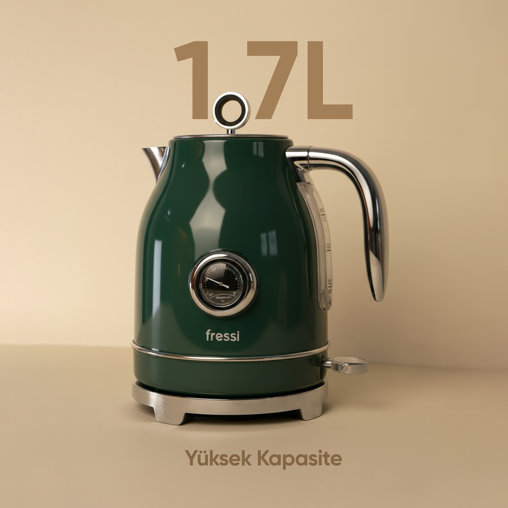 Koyu yeşil su ısıtıcısı, krom detaylı ve termometreli.