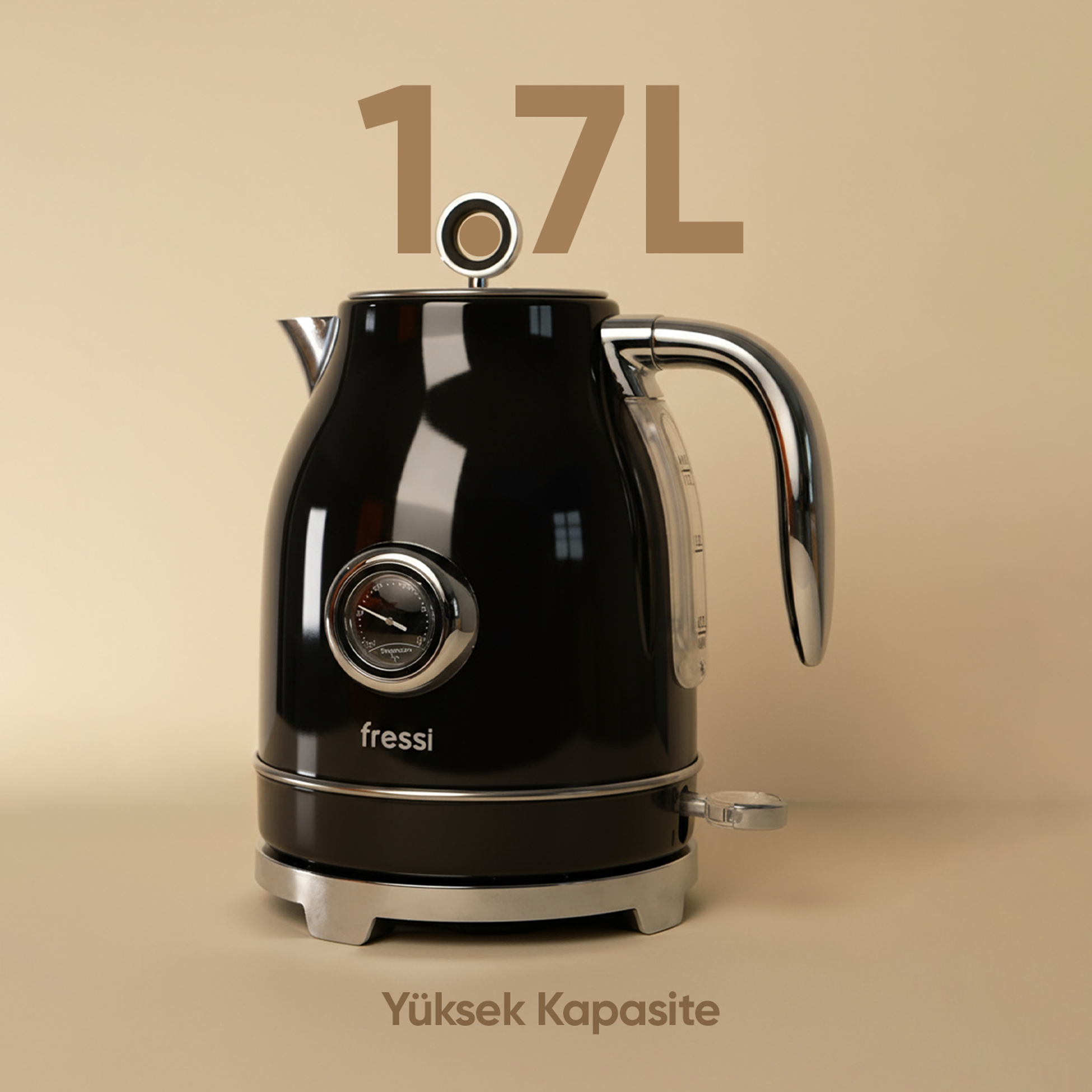 1,7 litrelik siyah elektrikli su ısıtıcısı, sıcaklık göstergeli.