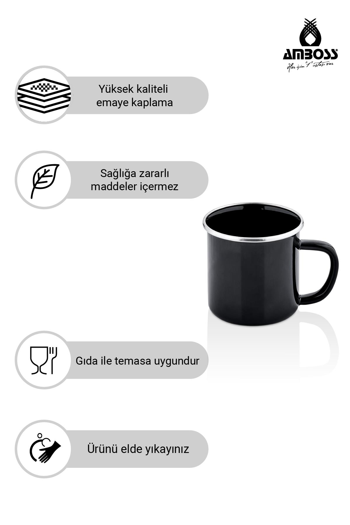 Siyah emaye kupa, kaliteli ve gıda güvenliği ikonları ile.