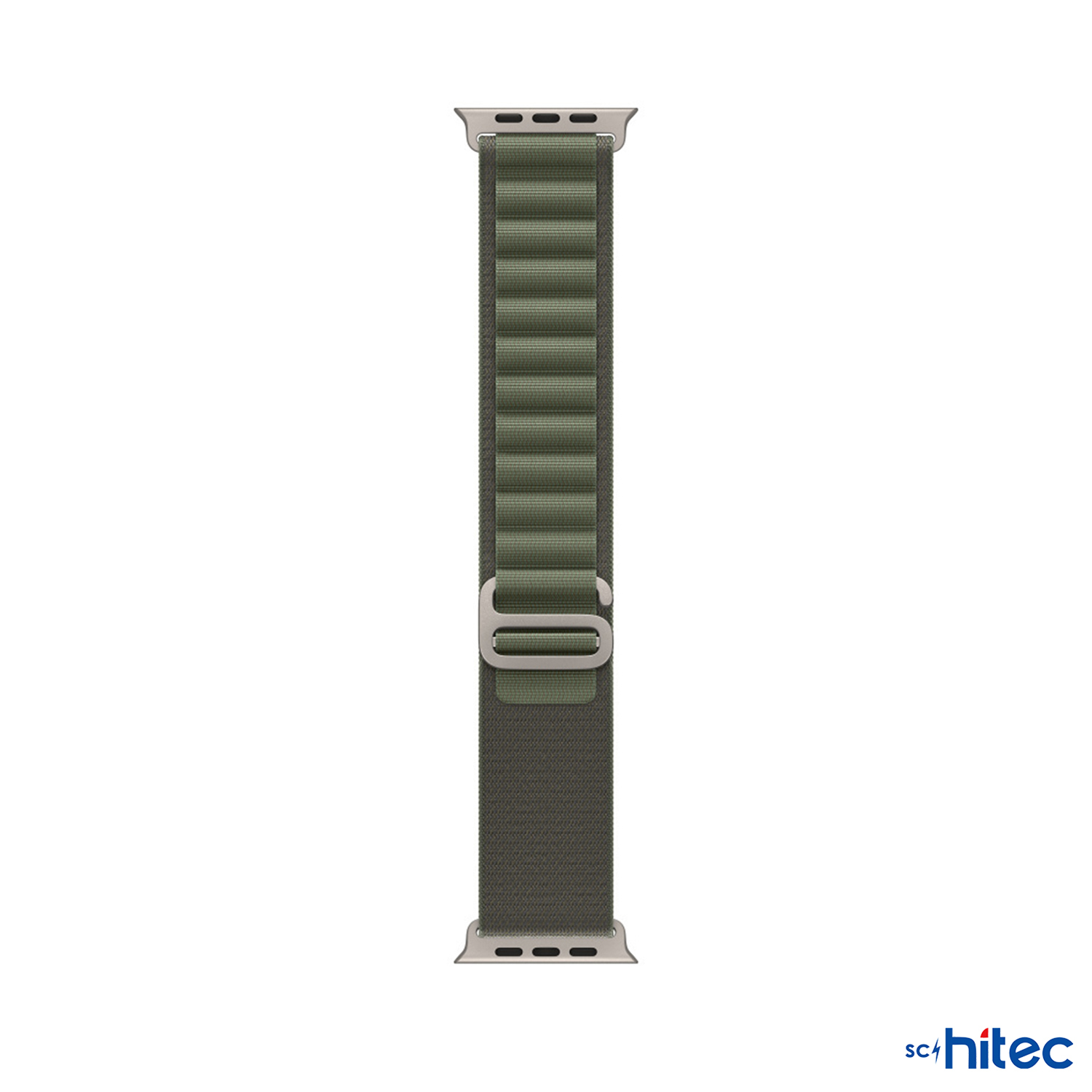 Gümüş tokalı ve konektörlü yeşil kumaş Apple Watch kordonu.