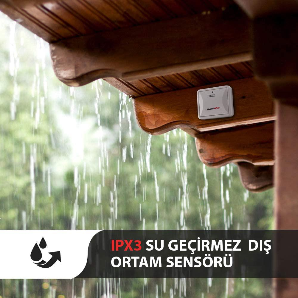 Beyaz bir sensör yağmurda ahşap saçak altında asılı.
