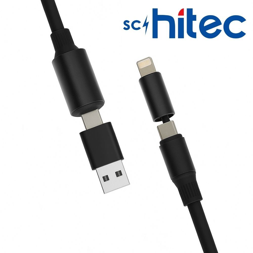 USB-A konektörlü ve logolu siyah USB-C - Lightning kablosu.