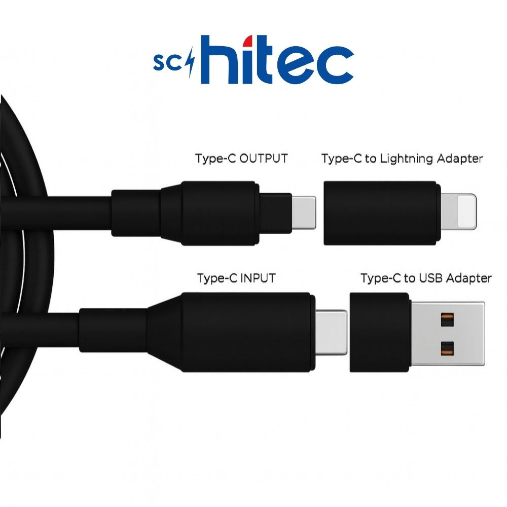 Siyah kablo konektörleri: Type-C - Lightning ve Type-C - USB adaptörü.