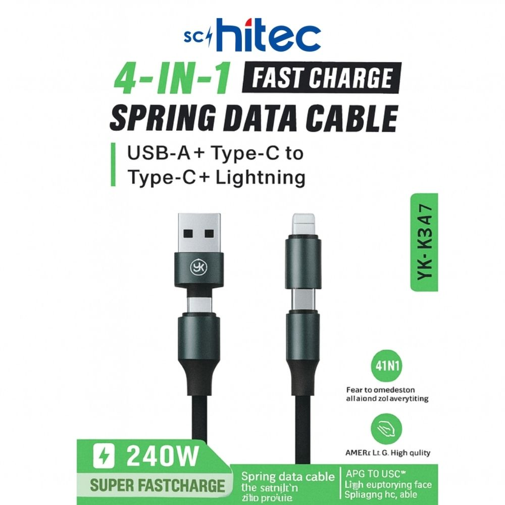 Hitec 4'ü 1 arada yaylı veri kablosu, USB-A, Type-C ve Lightning konektörlü. 240W hızlı şarjı destekler.