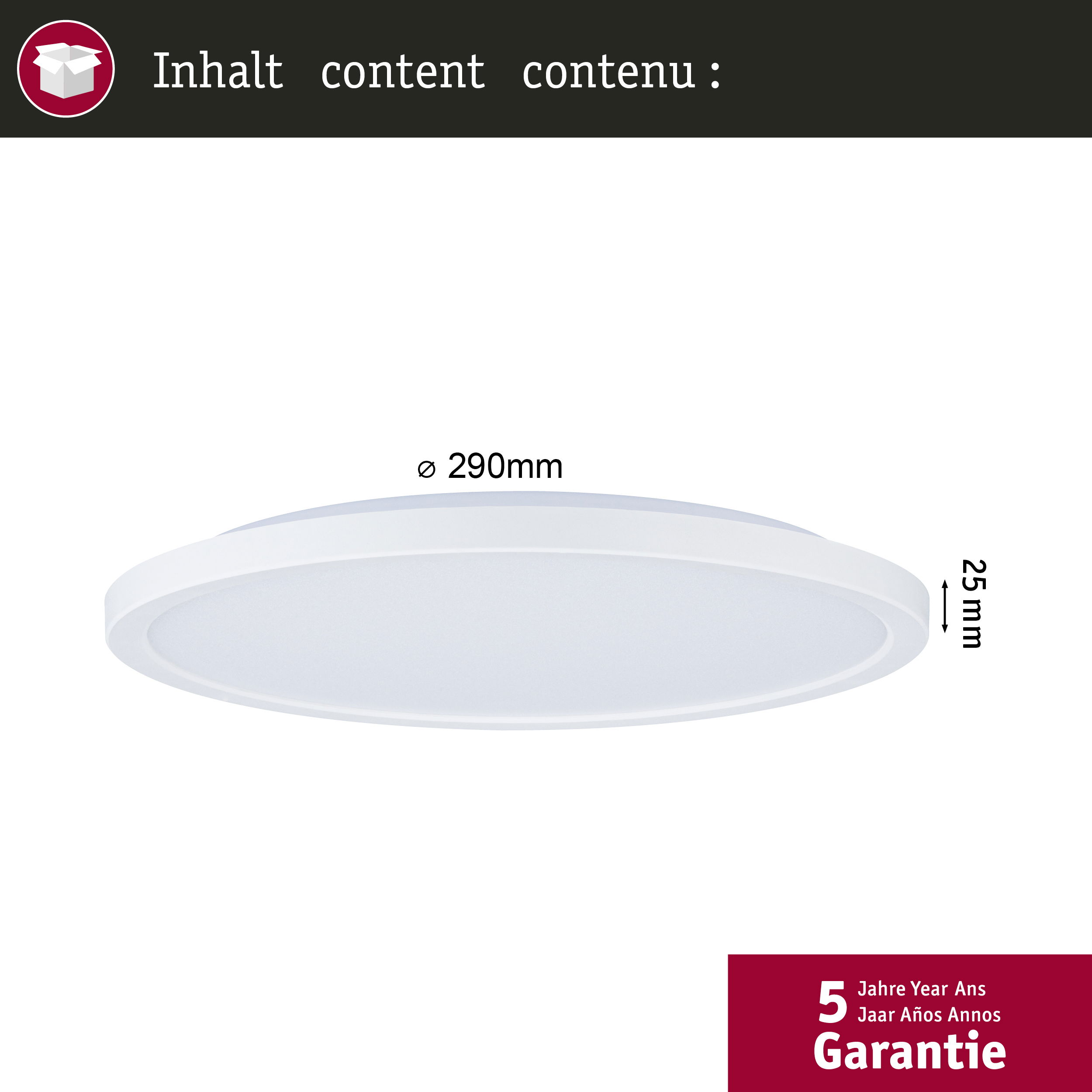 Weiße Deckenleuchte, 290mm Durchmesser, 25mm Höhe. 5 Jahre Garantie.