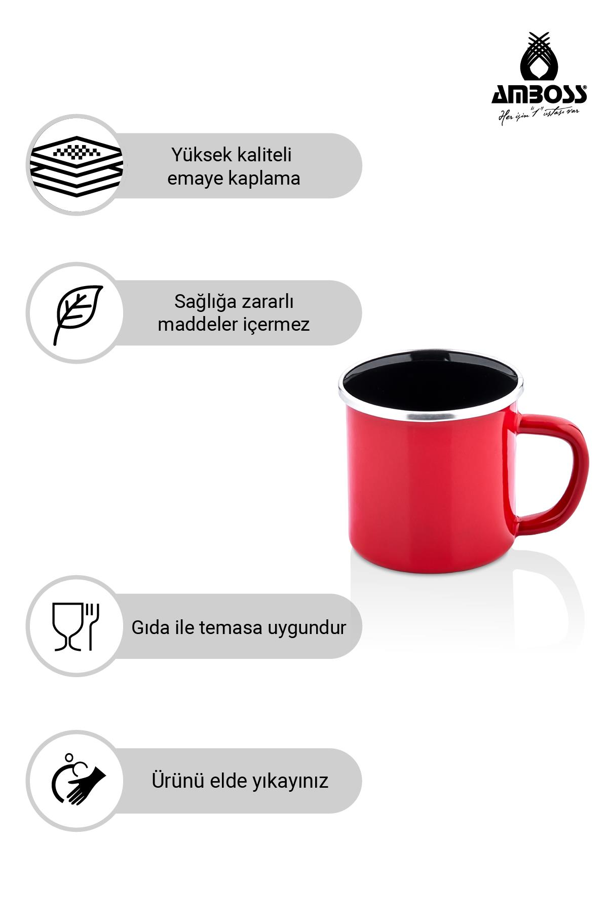 Kırmızı emaye kupa, saplı. Yüksek kaliteli emaye kaplama. Gıdaya uygun.