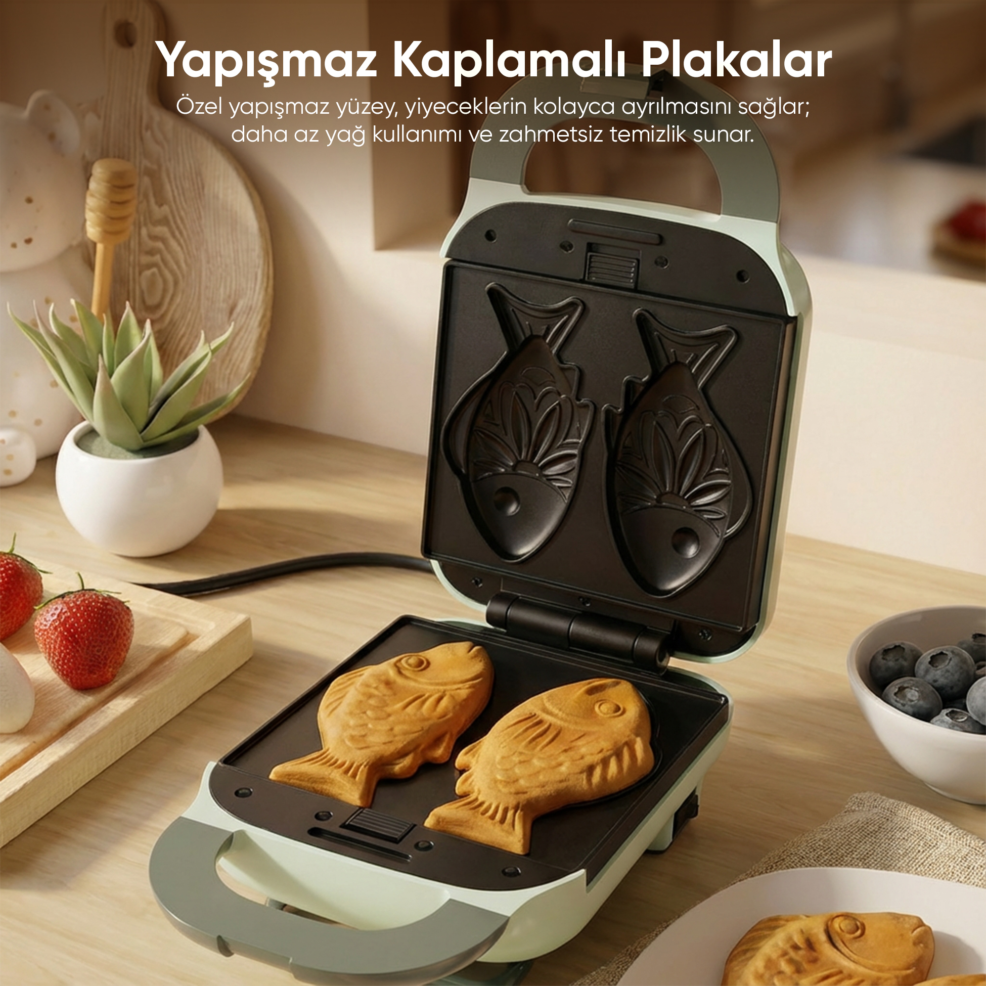 Açık, balık şeklinde waffle makinesi, alt plakada iki altın rengi waffle ile.