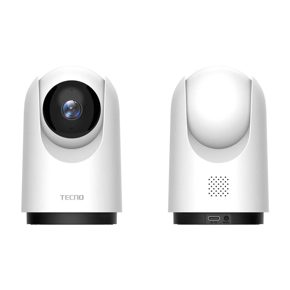 İki beyaz TECNO güvenlik kamerası, biri lensi görünür, diğeri hoparlör ve portları gösteriyor.