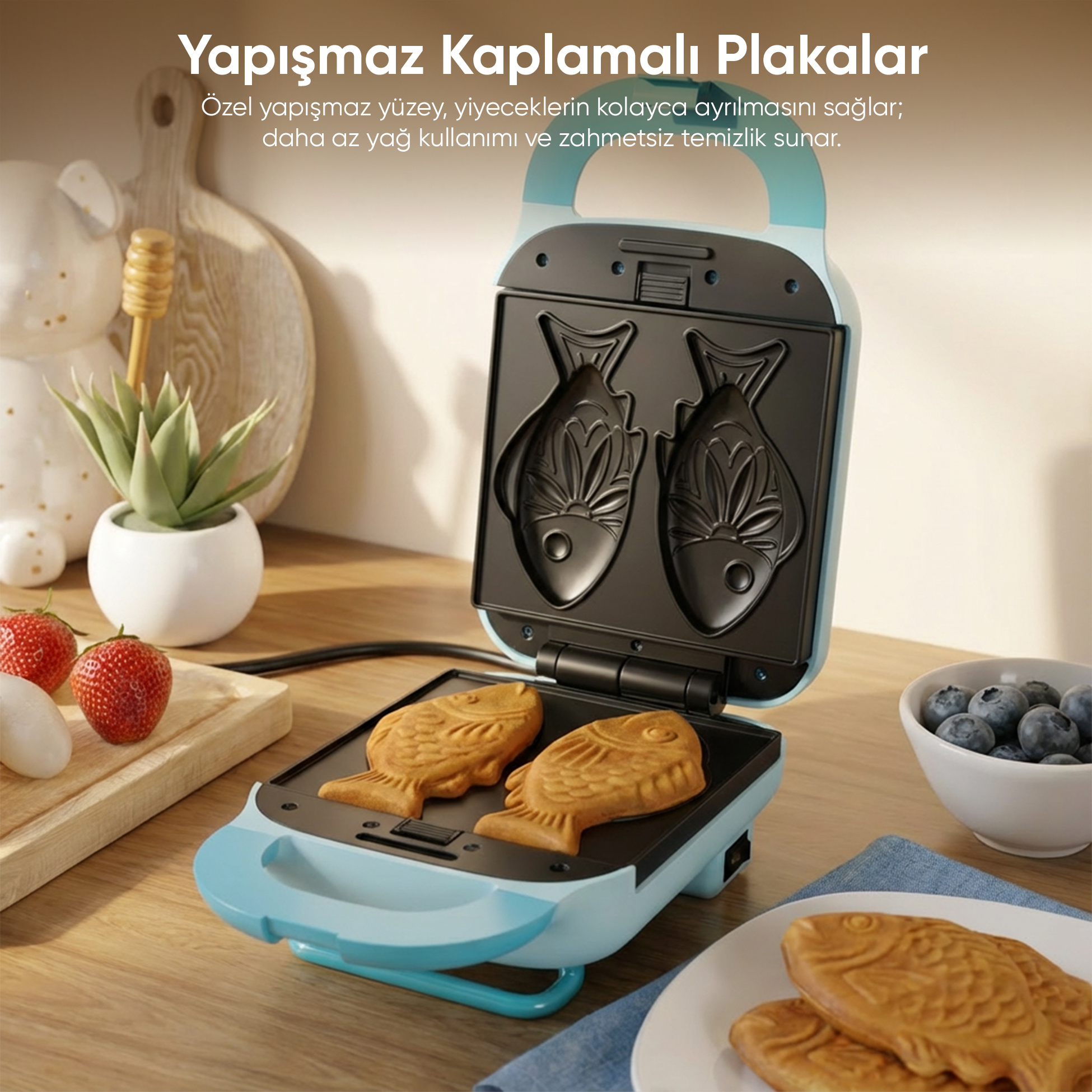 İki pişmiş waffle ve yaban mersini ile mavi balık şeklinde waffle makinesi.