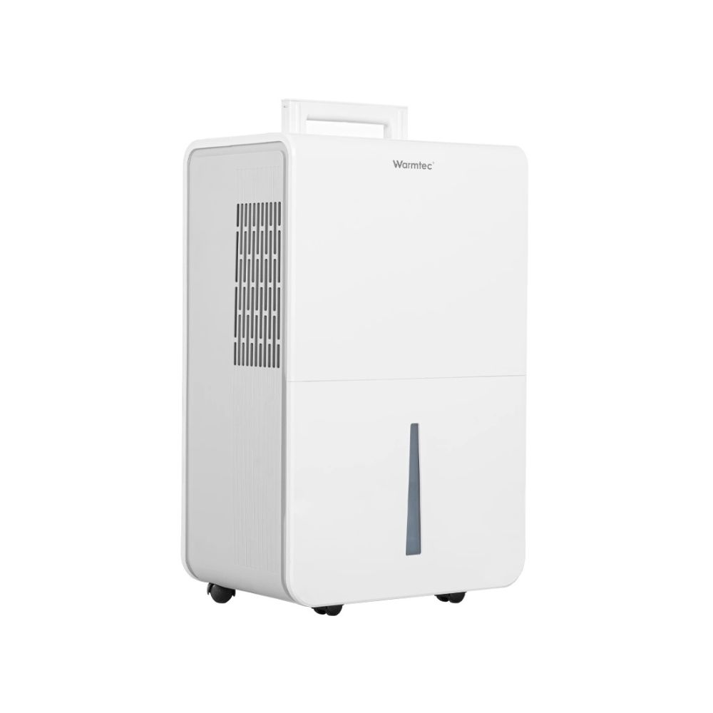 Biały osuszacz powietrza z kółkami i uchwytem na górze.