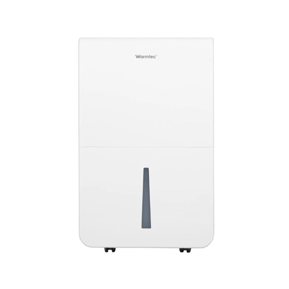 Biały osuszacz powietrza z ciemnym wskaźnikiem poziomu wody i nazwą marki.