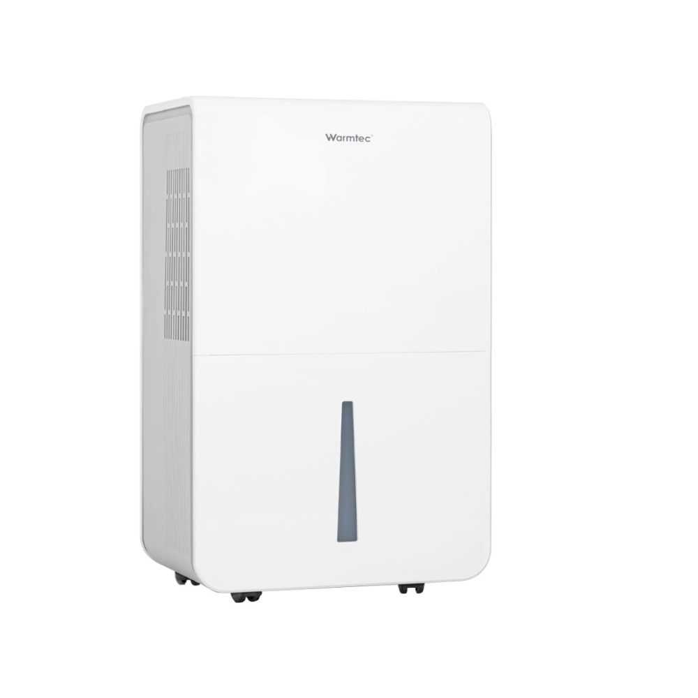 Biały osuszacz powietrza z otworami wentylacyjnymi z boku i wskaźnikiem poziomu wody.