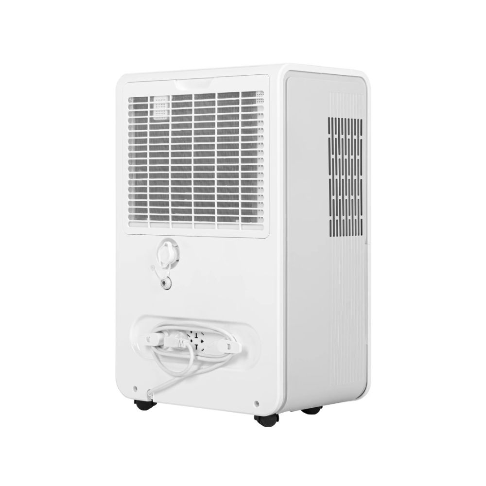 Biały osuszacz powietrza z kratką i przewodami, na kółkach.