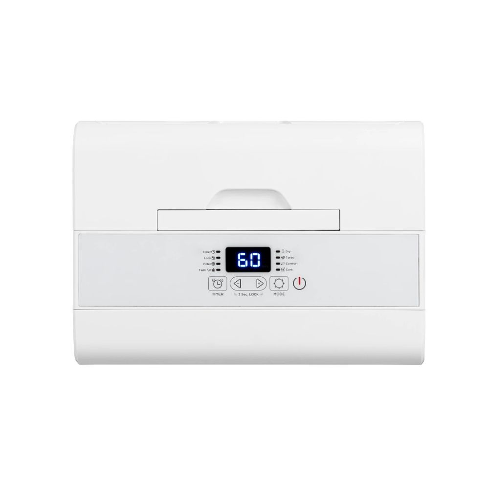 Biały klimatyzator z cyfrowym wyświetlaczem 60 i przyciskami sterowania.