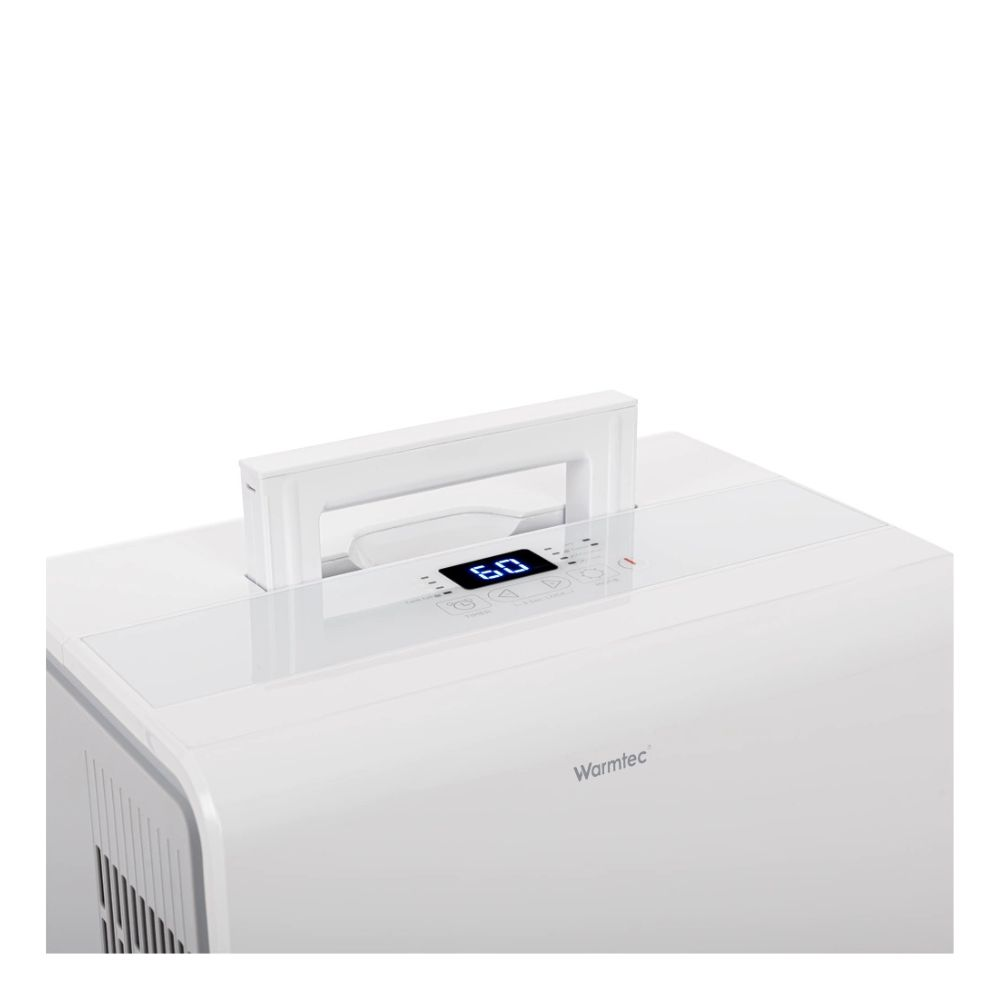 Biały osuszacz powietrza z cyfrowym wyświetlaczem i uchwytem.