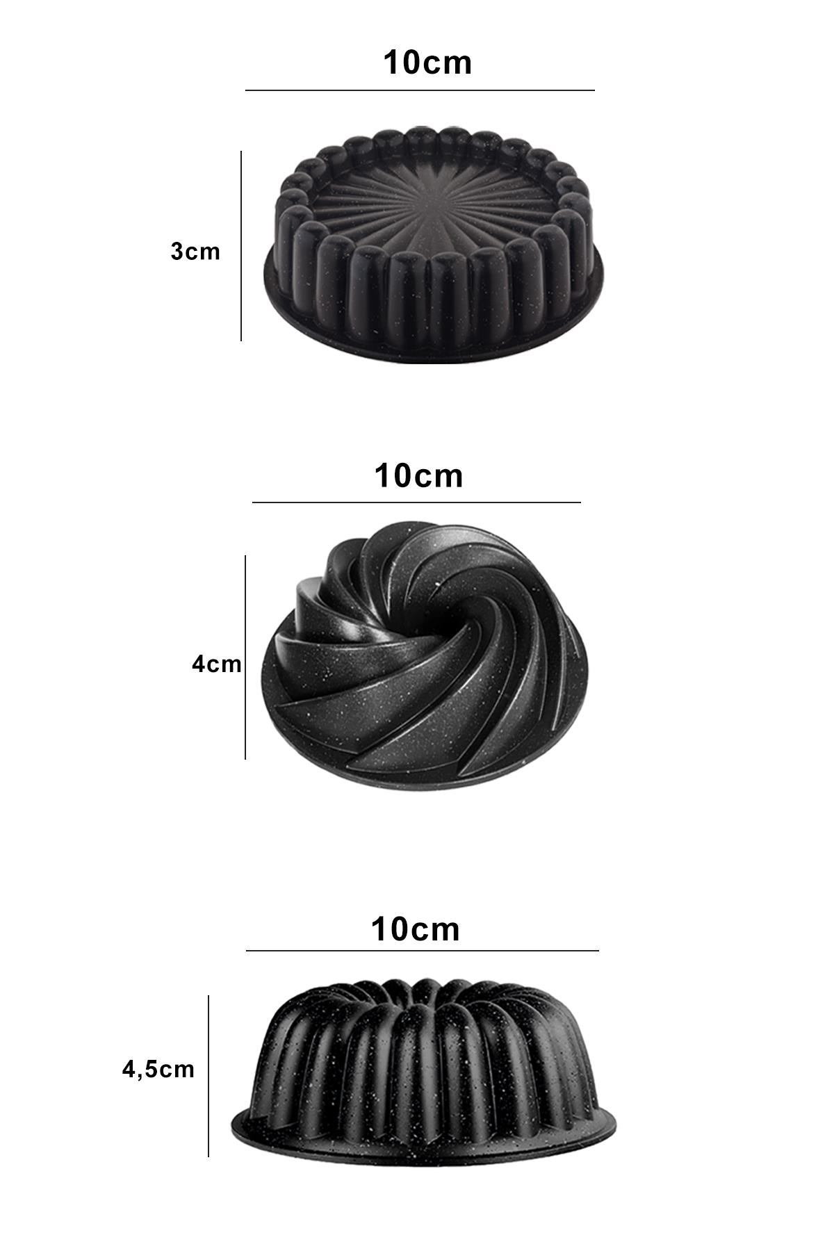 Üç siyah kek kalıbı: yuvarlak, burgulu ve Bundt, her biri 10cm genişliğinde.