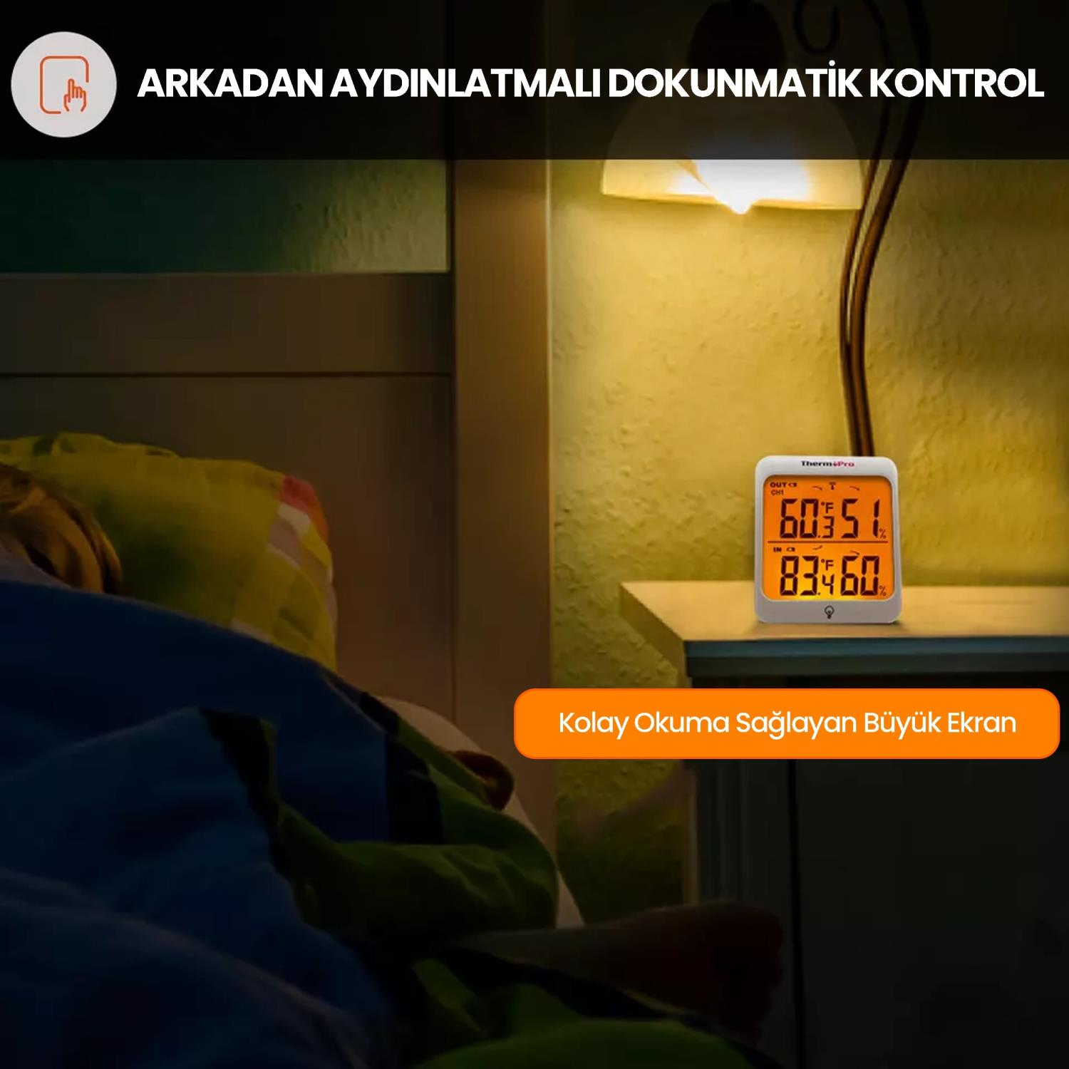 Büyük ekranlı dijital termometre 60°F ve %35 gösteriyor.