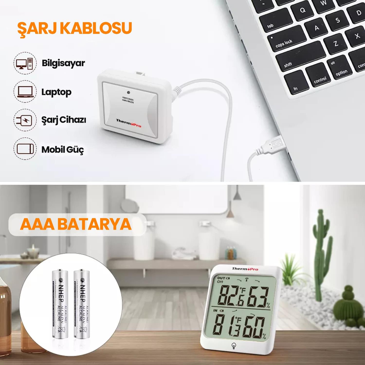 İki ölçüm gösteren beyaz termometre, AAA pillerin yanında.