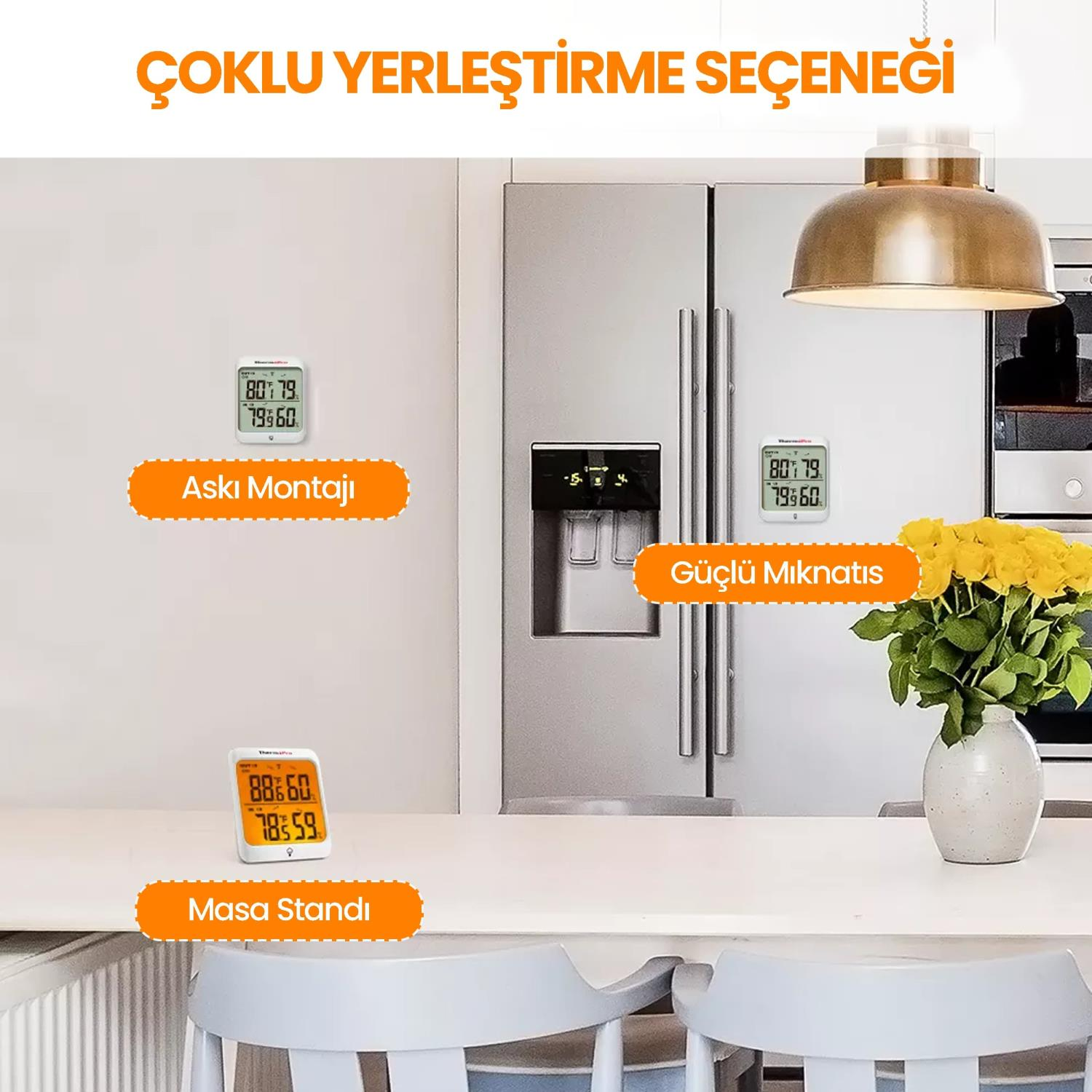 Buzdolabı, masa ve mıknatısta ekranlı termometre.