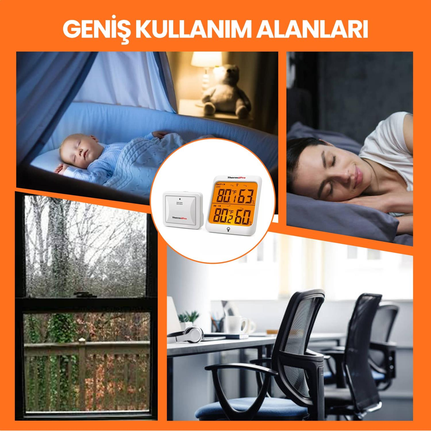 Bebek, uyuyan kadın, ofis ve pencere kolajı. Ortada termometre.