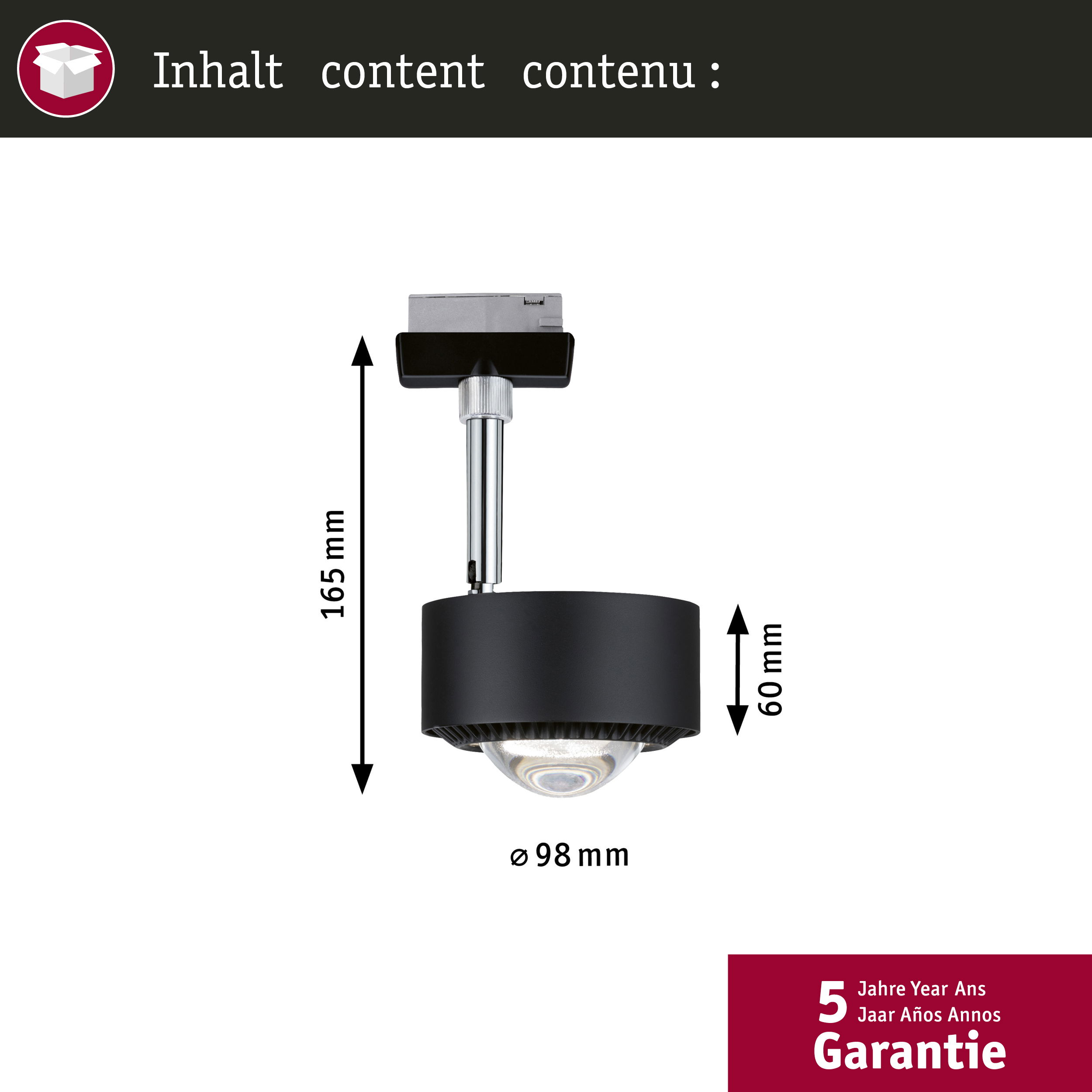 Schwarzer Deckenstrahler mit Maßen 165 mm H, 98 mm Ø, 60 mm B. Mit Garantie.