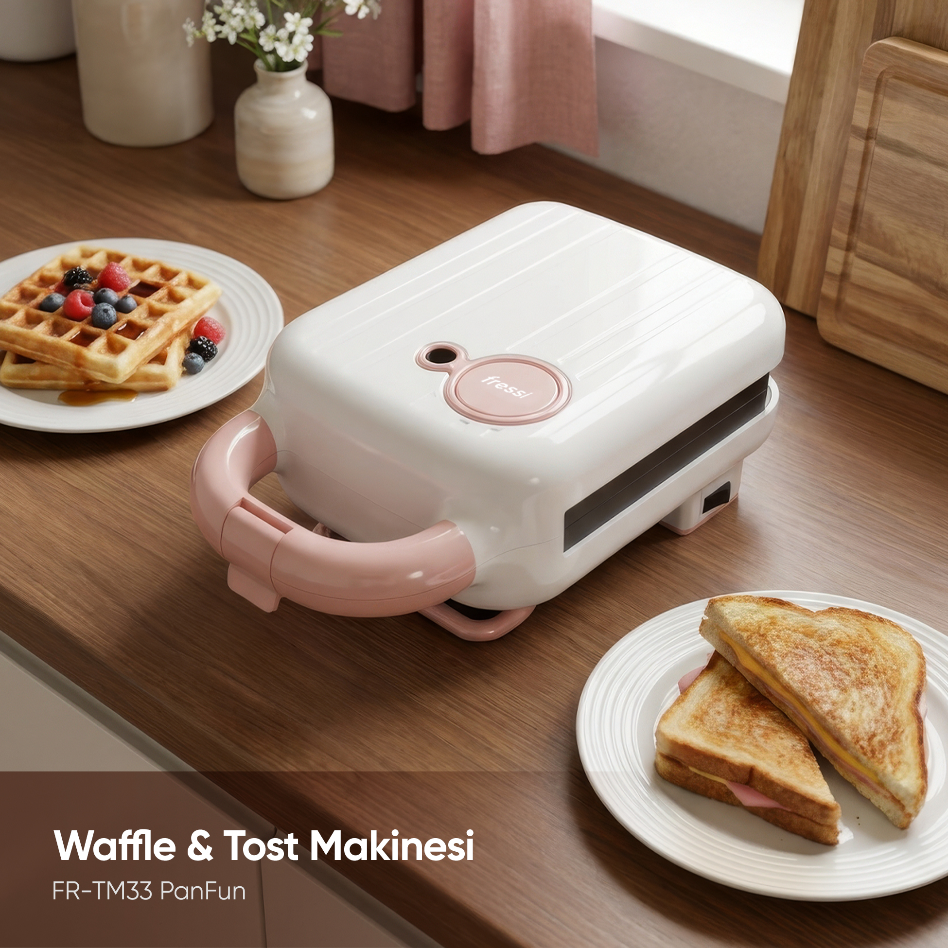FRESSI Çıkarabilir Yapışmaz Plakalı | 5 Ayrı Plaka Waffle ve Tost Makinesi Pembe