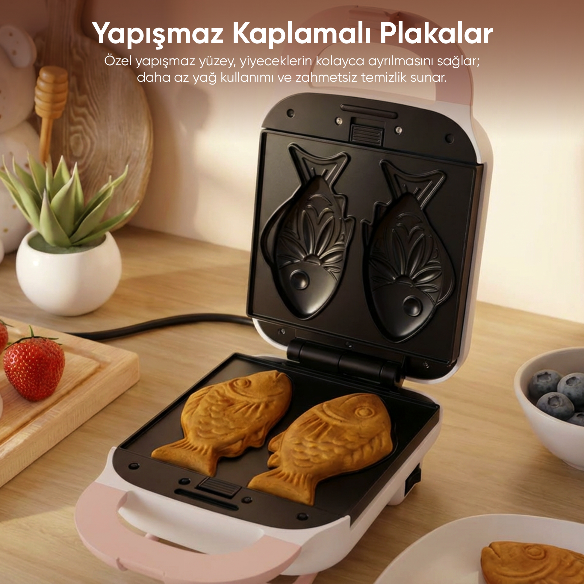İçinde iki altın rengi gofret bulunan açık balık şekilli waffle makinesi.